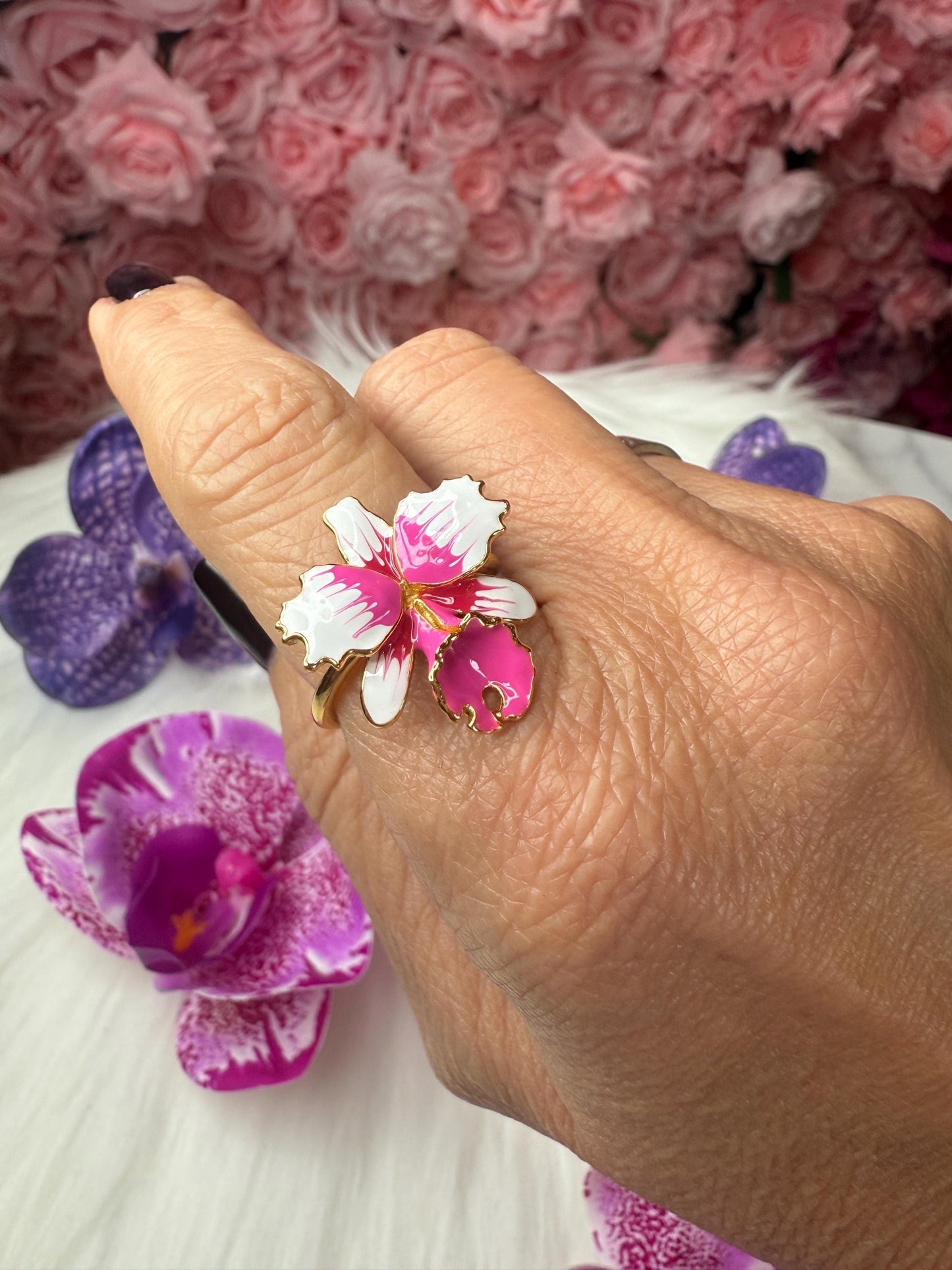 White Splash Cattleya Orchid Ring: S925 Sterling Silver - Gold plated ring