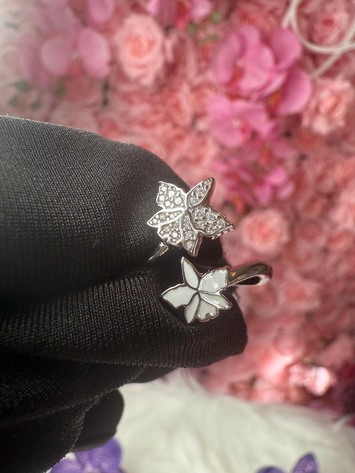 Orchid White Bloom Double Ring • White Gold Plated Unique Flower Jewelry • Gift for her
