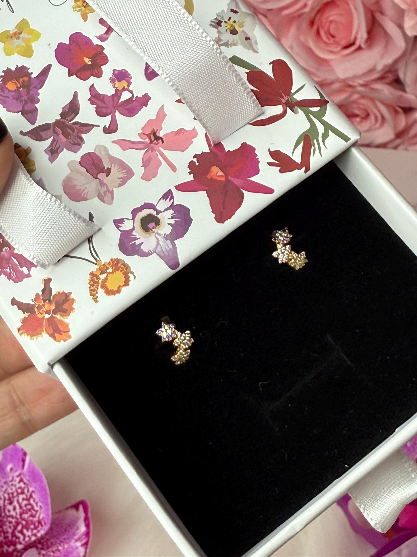 Mini Orchid Flower Hoop Earrings, Gold Plated Huggie Hoops, Dainty Floral Cluster, Cubic Zirconia Lavender Pink Jewelry