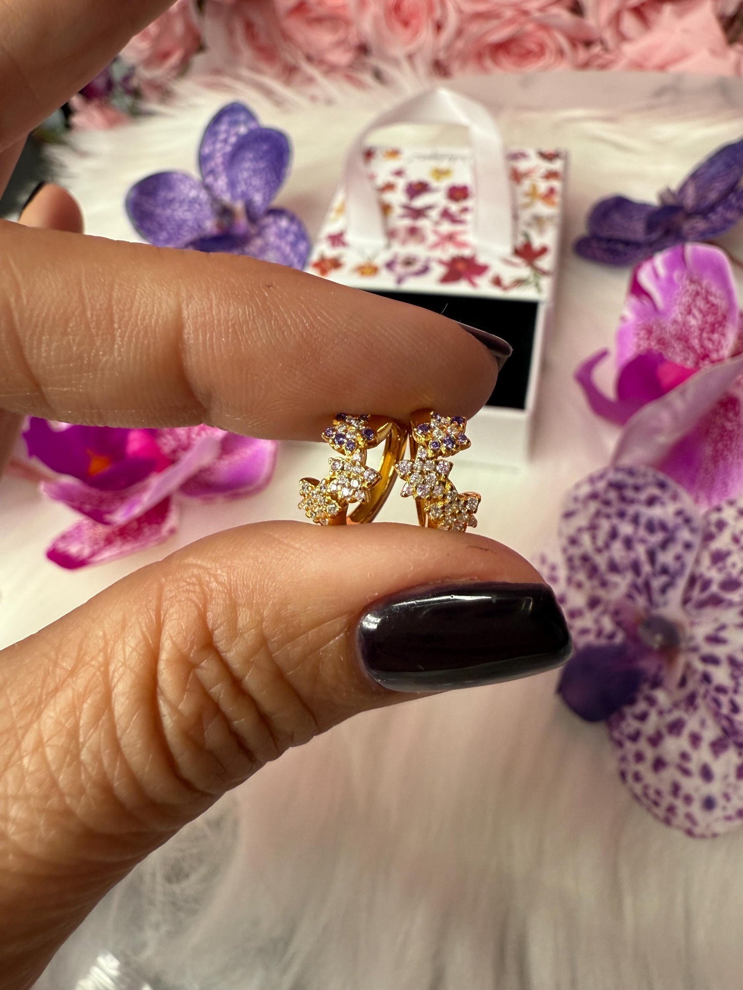 Mini Orchid Flower Hoop Earrings, Gold Plated Huggie Hoops, Dainty Floral Cluster, Cubic Zirconia Lavender Pink Jewelry