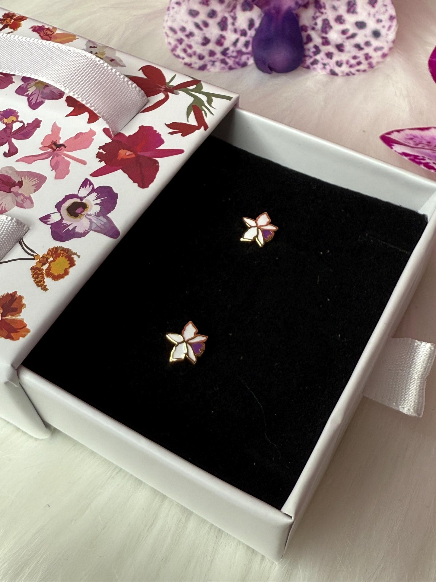 Orchid Stud Earrings - Enamel Flower - Cattleya Dainty Studs - 6mm, 8mm, or 10mm Earrings • Cattleya Orchid Minimalist Jewelry-Gold Plated