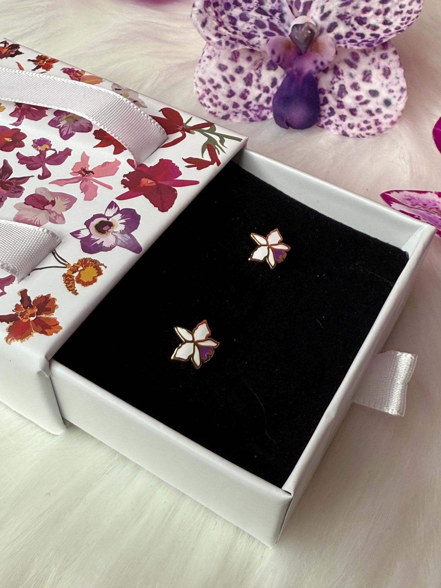 Orchid Stud Earrings - Enamel Flower - Cattleya Dainty Studs - 6mm, 8mm, or 10mm Earrings • Cattleya Orchid Minimalist Jewelry-Gold Plated