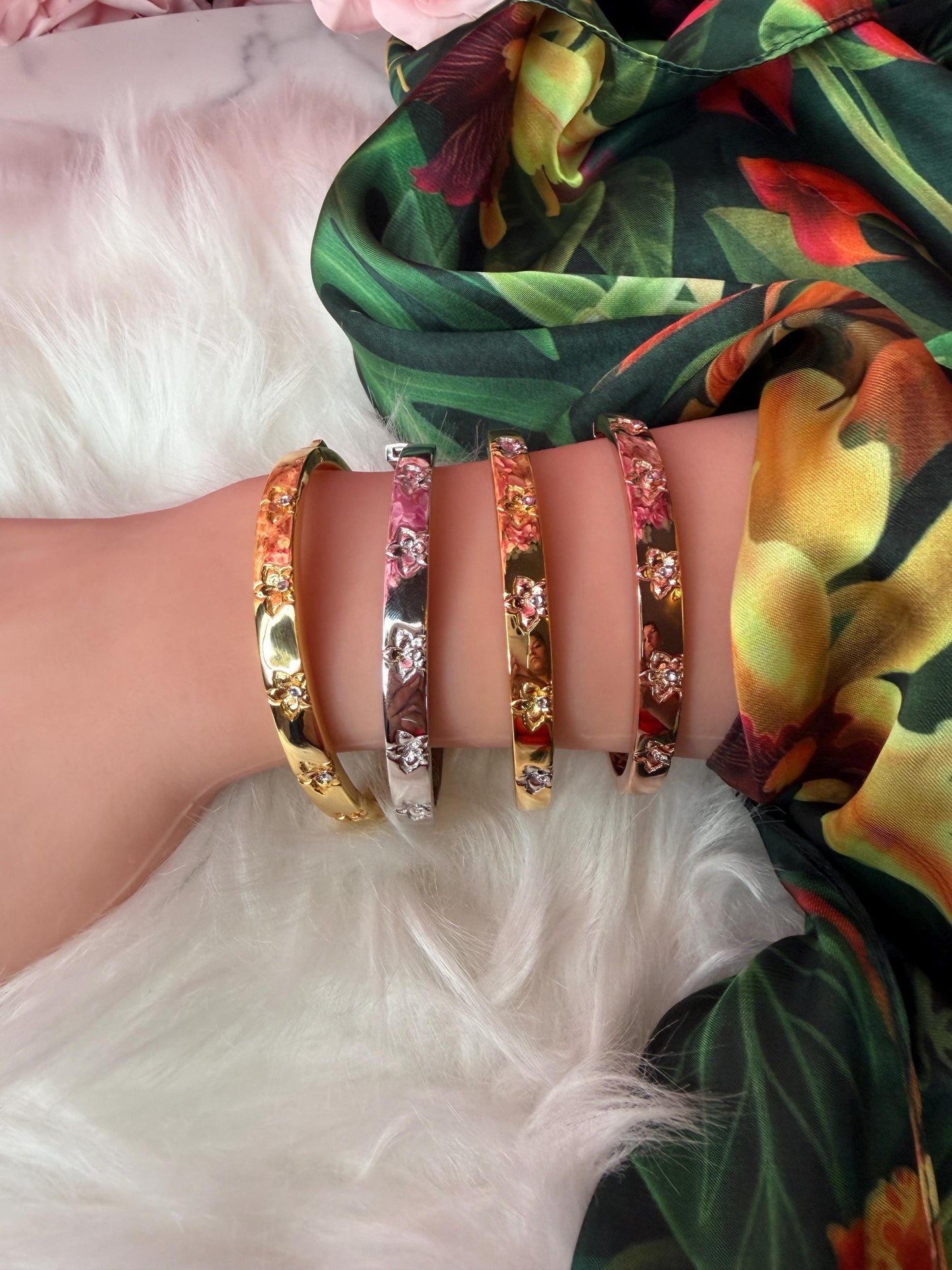 Synchrony Aloha: Cattleya Overlay Bangle | Rhodium Plated- Tarnish Free Bracelet