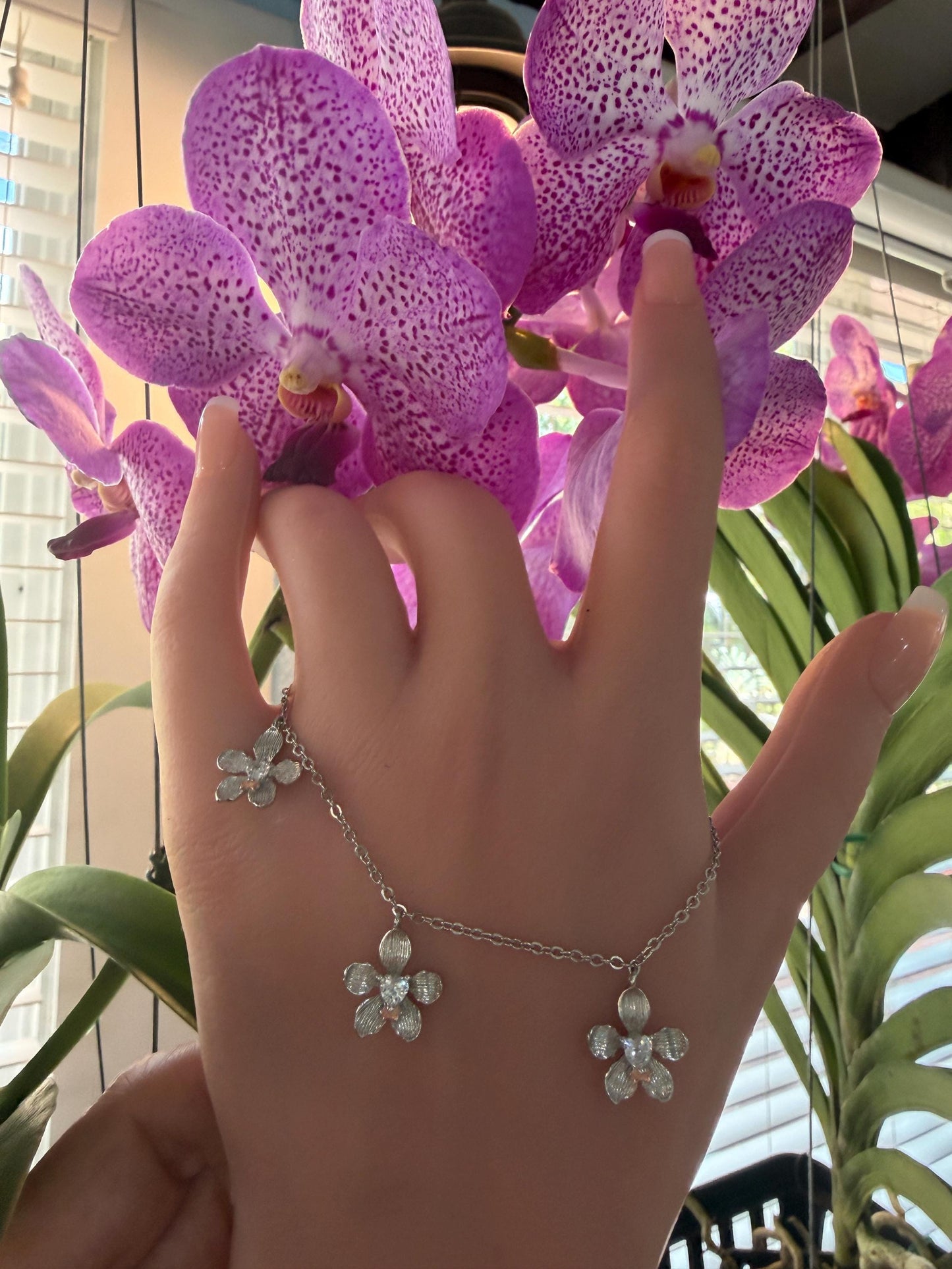 Vanda Triple Orchid Bracelet : White Gold Plated