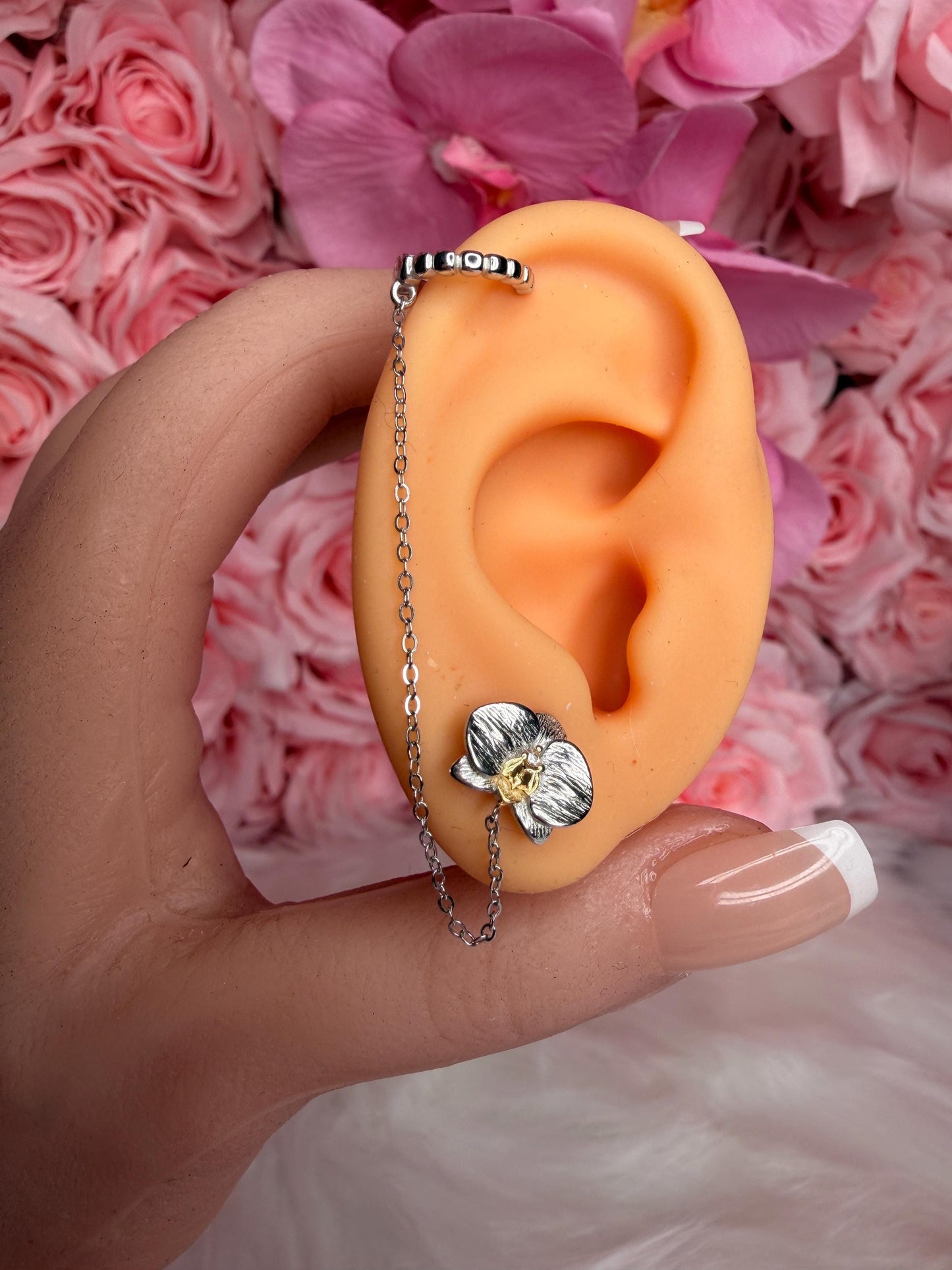 Phalaenopsis Orchid Silver Chain Cuff Earring • Real Orchid Labellum Helix Cartilage Chain Piercing • Gold & Silver Botanical Hoop Earring