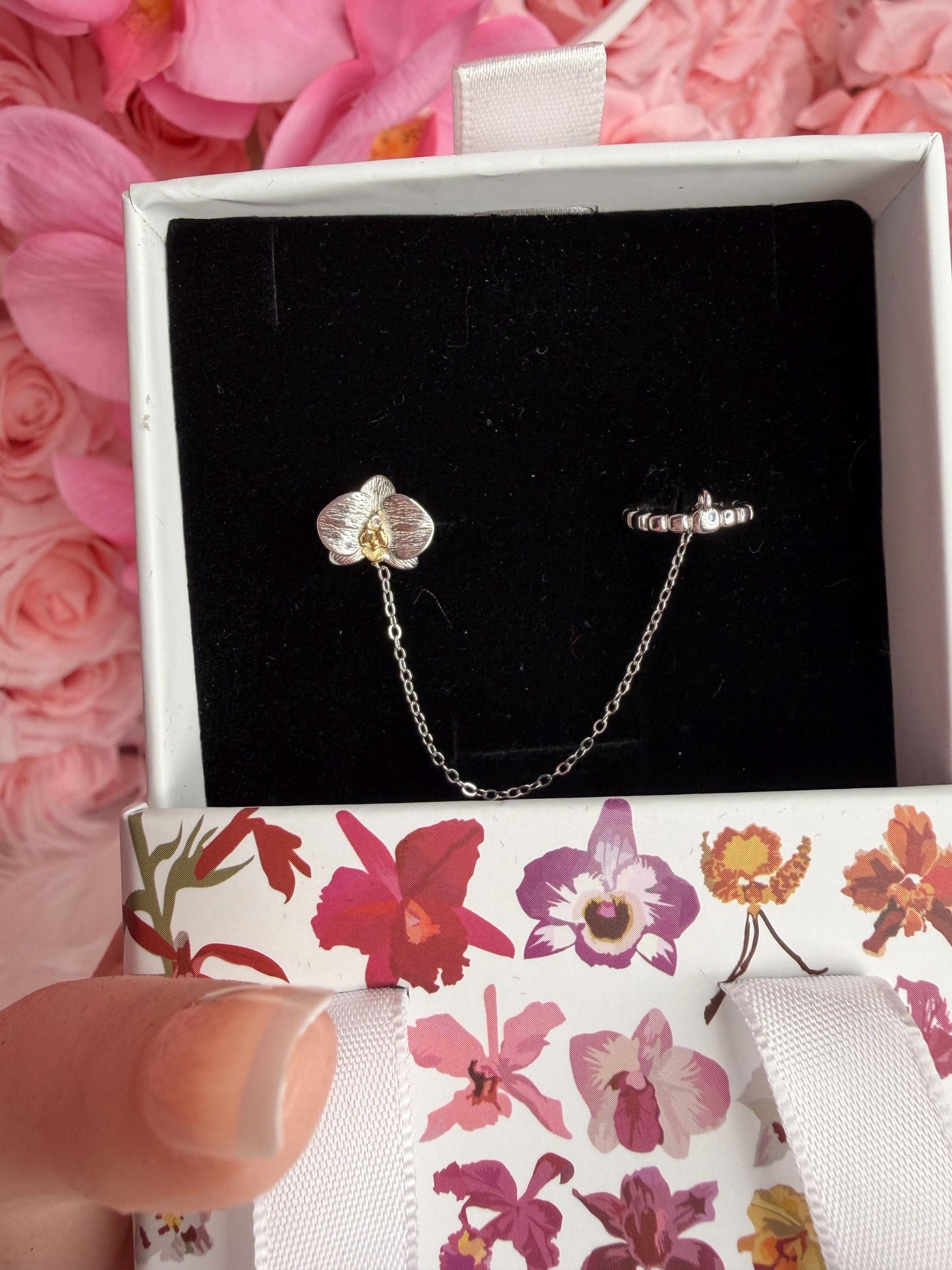 Phalaenopsis Orchid Silver Chain Cuff Earring • Real Orchid Labellum Helix Cartilage Chain Piercing • Gold & Silver Botanical Hoop Earring