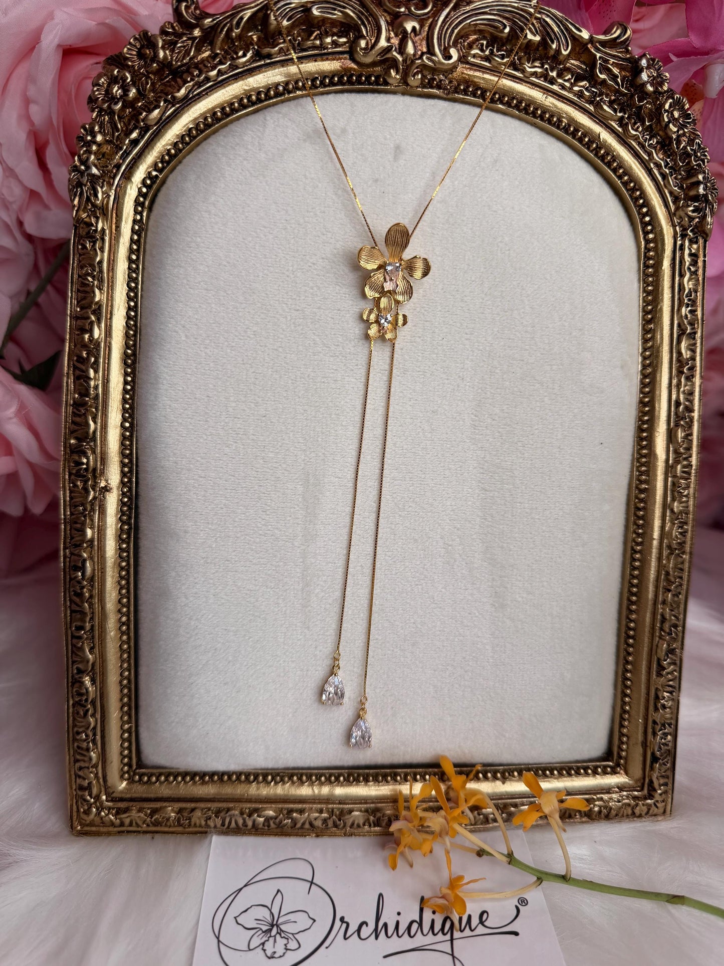 Vanda Loke 14k Gold Plated Vanda Orchid Lariat Necklace, Heart Crystal Double Flower Choker, Rose Gold Lip Statement Jewelry, Orchid Pendant