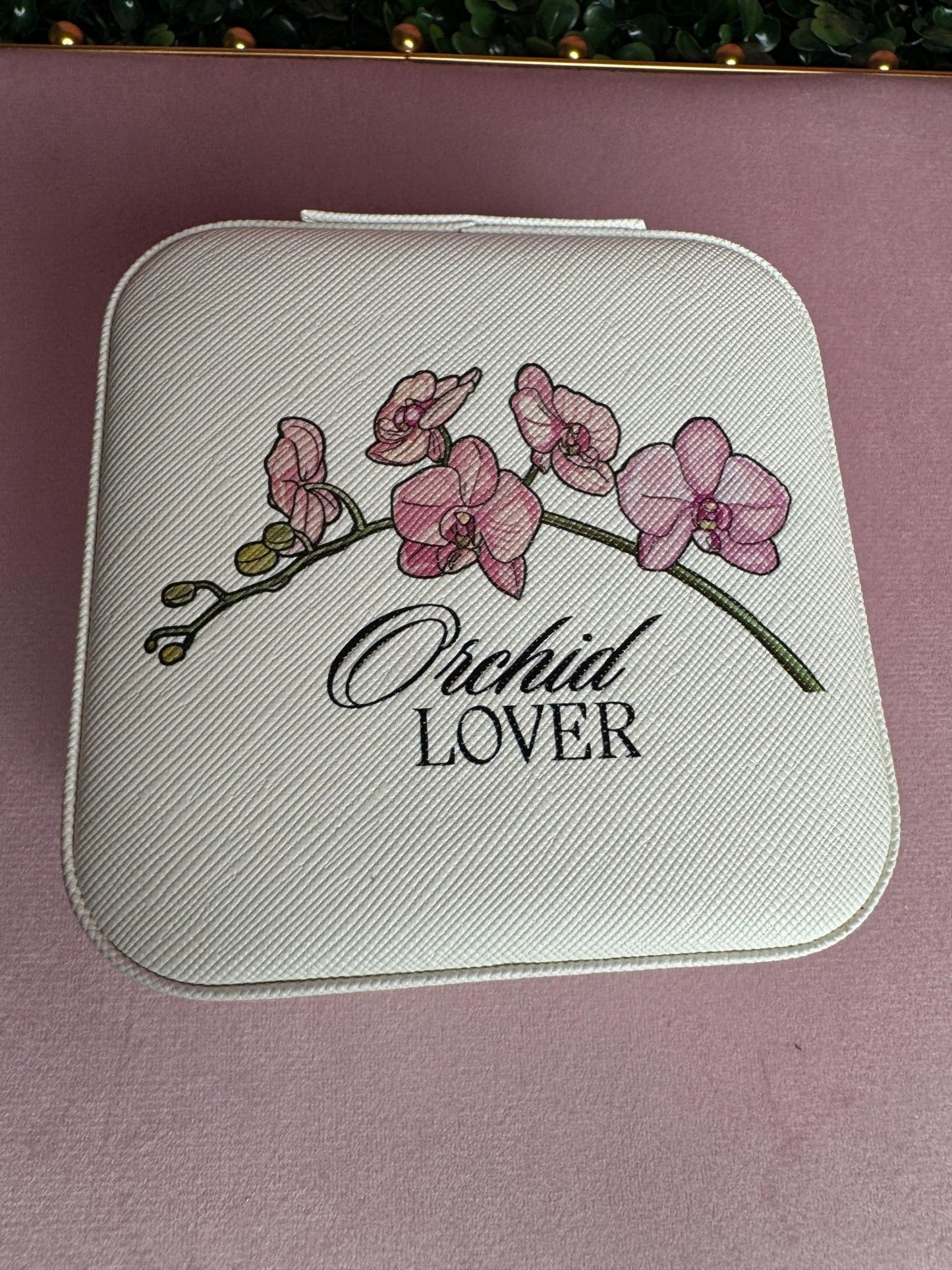 Orchid Lover Off - White Leather Jewelry Box • Pink Orchid Jewelry Gift Box •Perfect for Orchid Lovers • Bridesmaid Gift, Travel Jewelry Box - Orchidique
