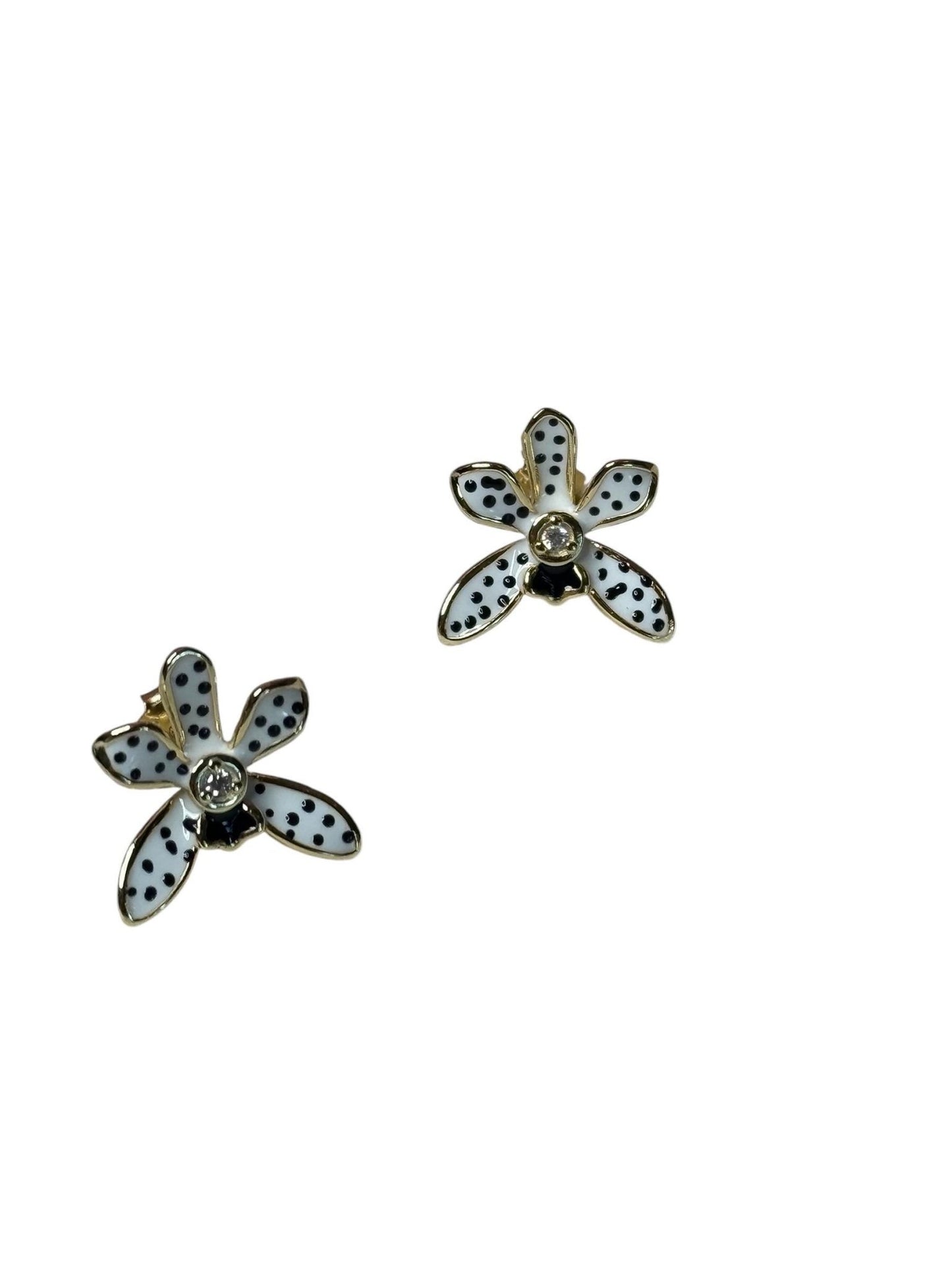 Polka Dots Wild Vanda Orchid Stud Earrings – 14k Gold Plated Sterling Silver • Orchid Enamel with Cubic Zircon •Gold Stud Earrings - Orchidique
