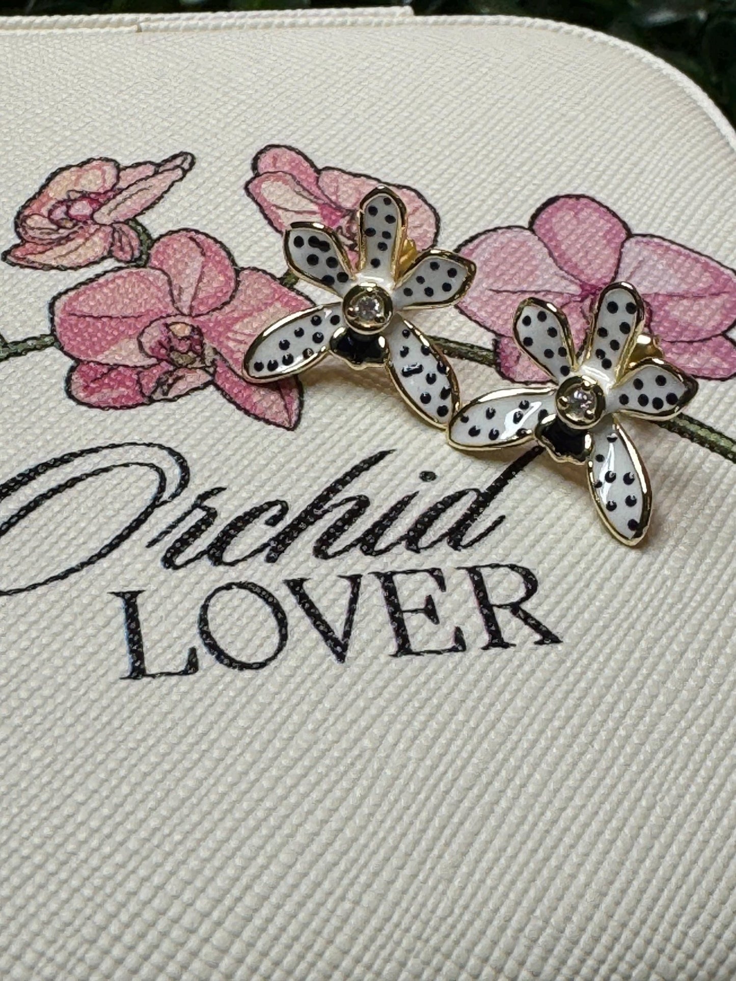 Polka Dots Wild Vanda Orchid Stud Earrings – 14k Gold Plated Sterling Silver • Orchid Enamel with Cubic Zircon •Gold Stud Earrings - Orchidique