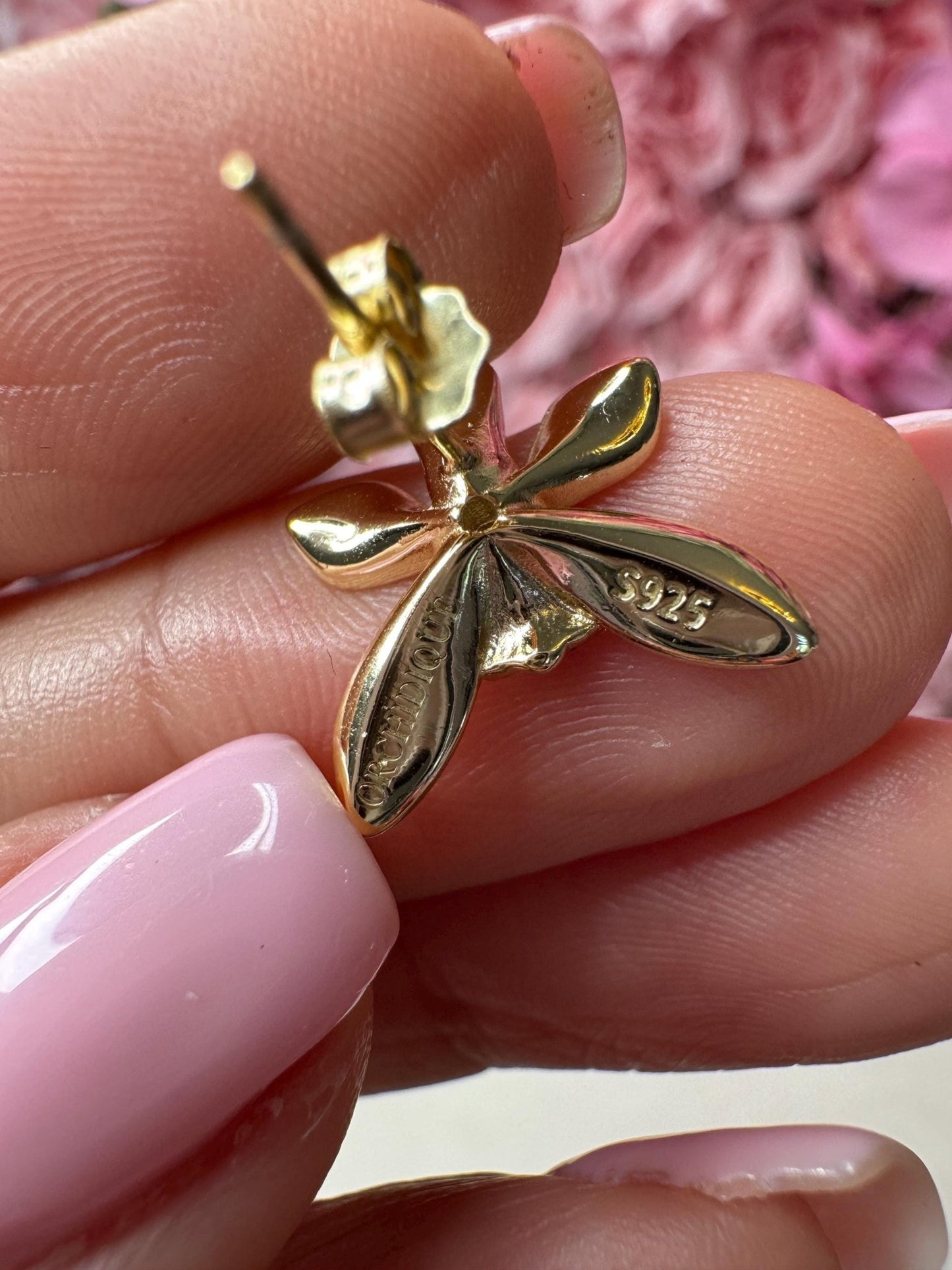 Polka Dots Wild Vanda Orchid Stud Earrings – 14k Gold Plated Sterling Silver • Orchid Enamel with Cubic Zircon •Gold Stud Earrings - Orchidique