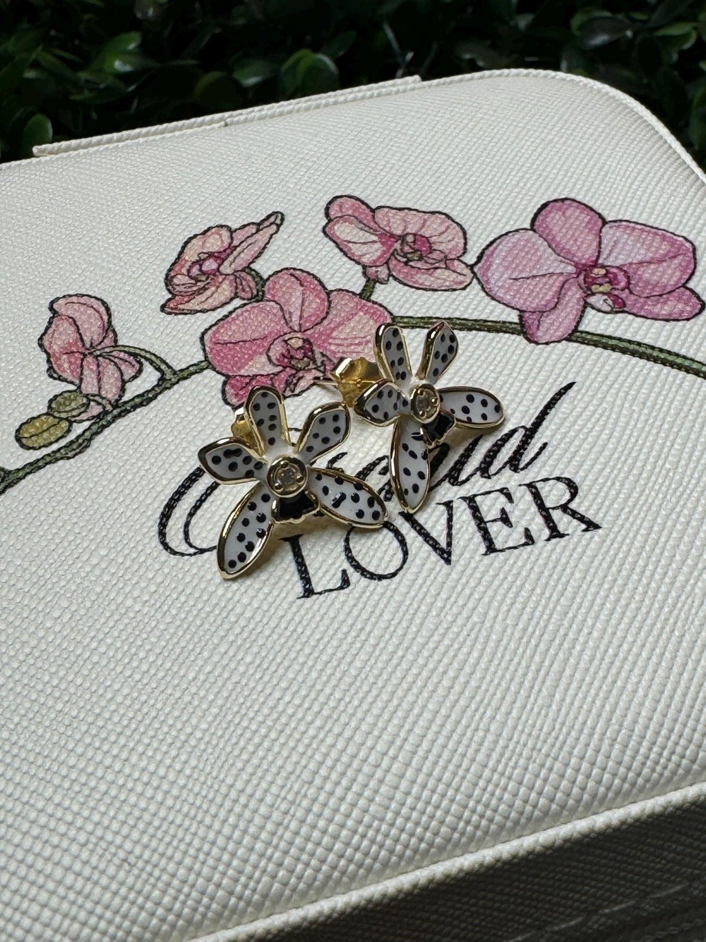 Polka Dots Wild Vanda Orchid Stud Earrings – 14k Gold Plated Sterling Silver • Orchid Enamel with Cubic Zircon •Gold Stud Earrings - Orchidique