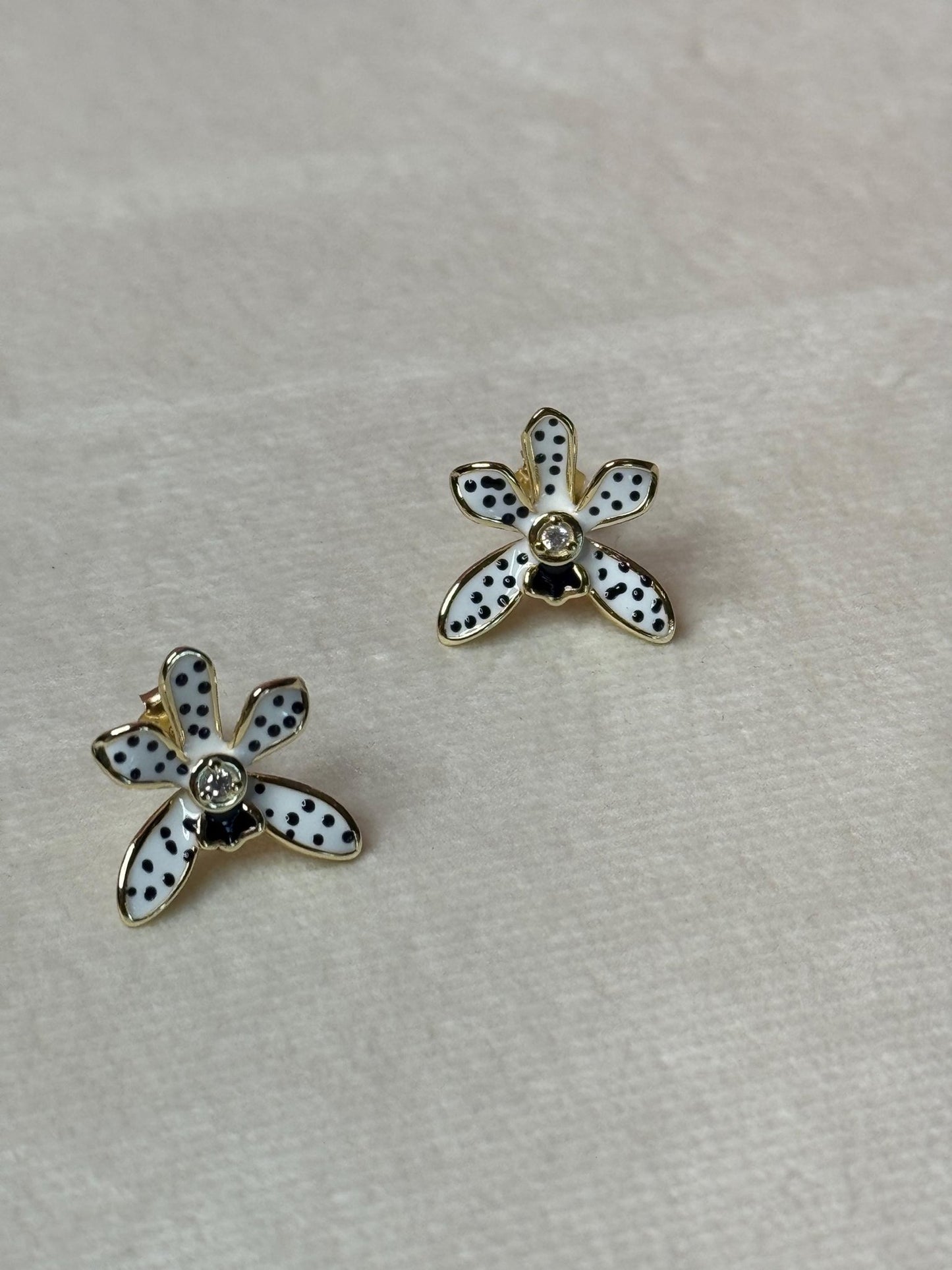 Polka Dots Wild Vanda Orchid Stud Earrings – 14k Gold Plated Sterling Silver • Orchid Enamel with Cubic Zircon •Gold Stud Earrings - Orchidique