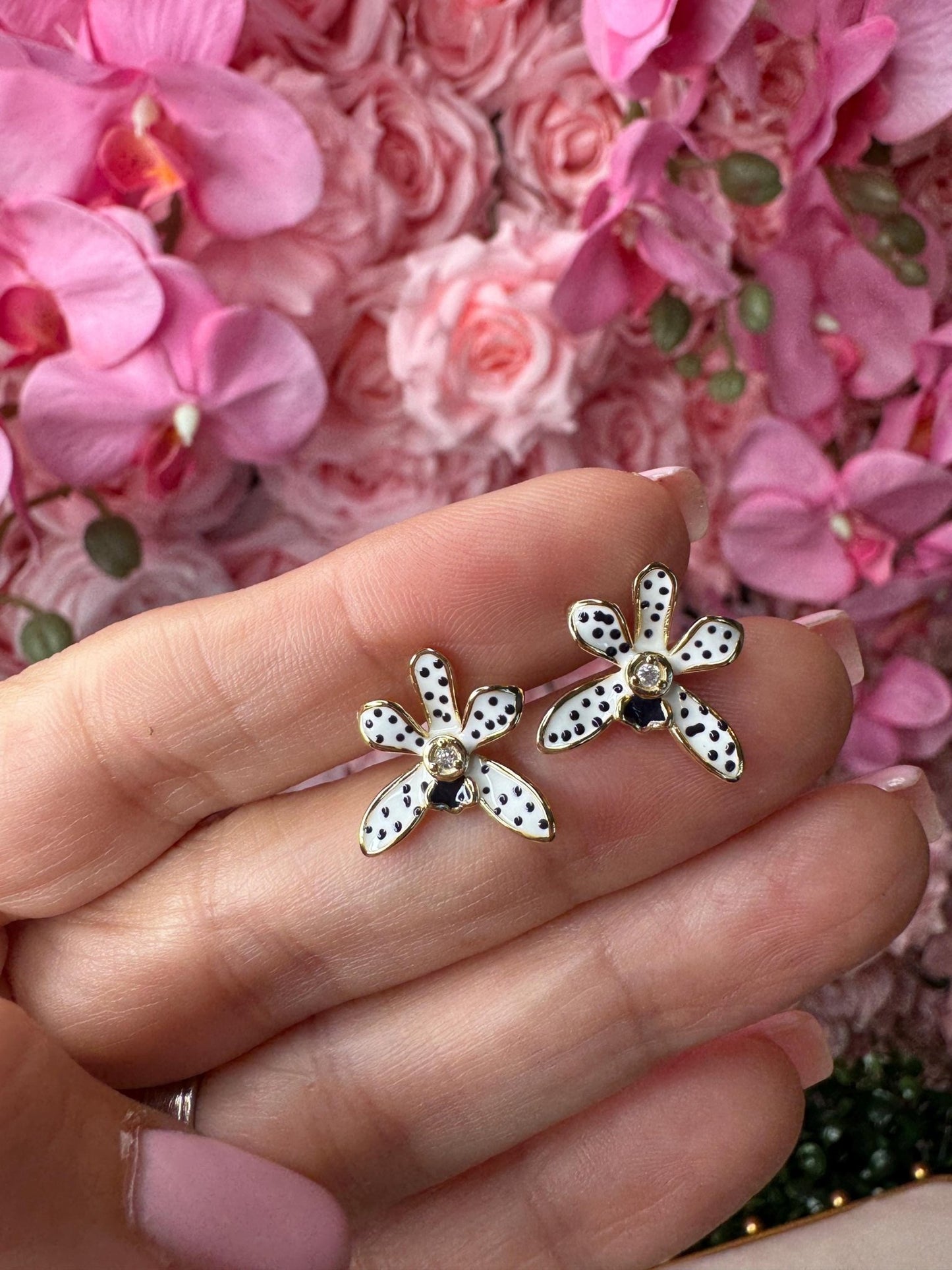 Polka Dots Wild Vanda Orchid Stud Earrings – 14k Gold Plated Sterling Silver • Orchid Enamel with Cubic Zircon •Gold Stud Earrings - Orchidique