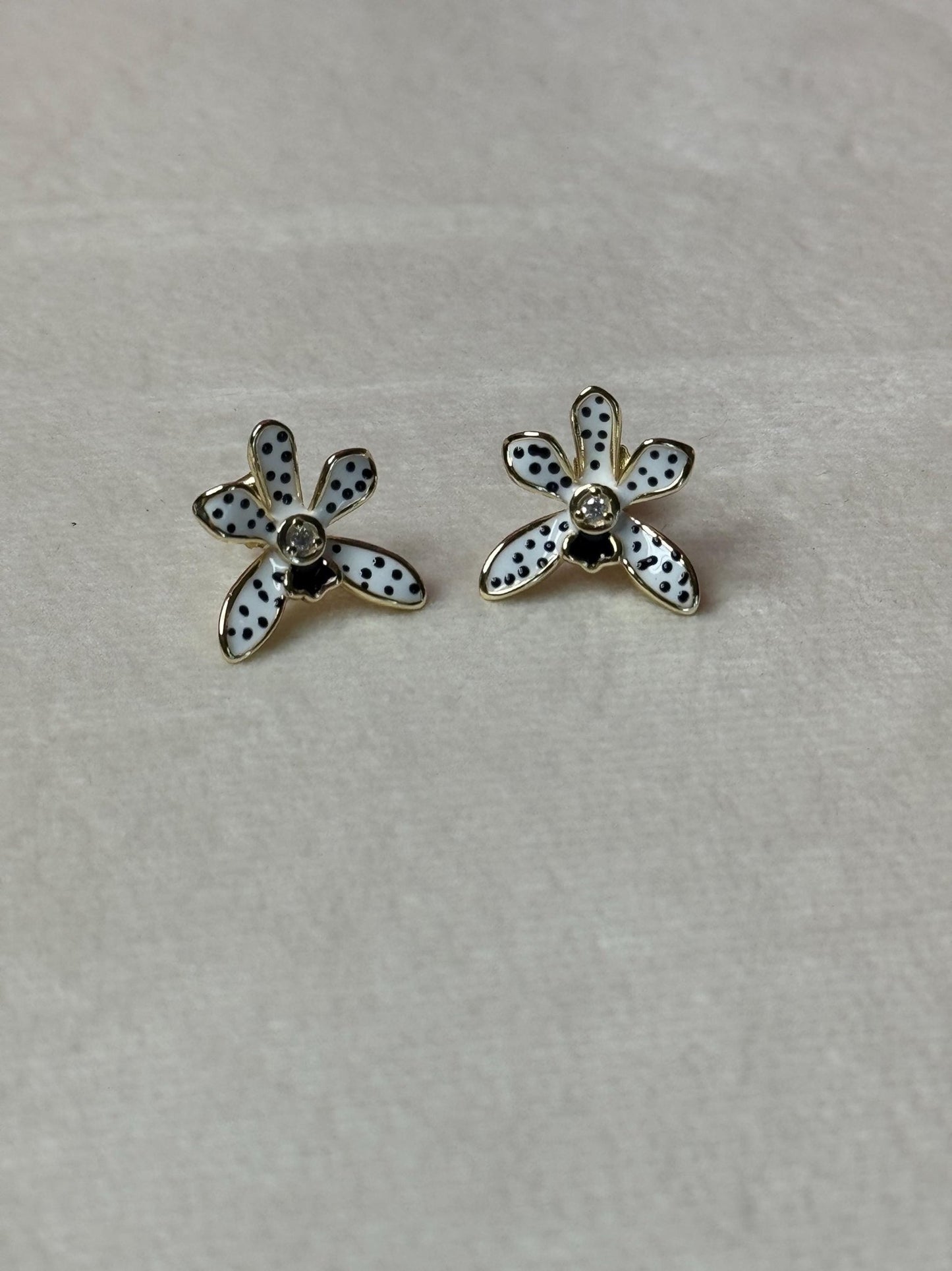 Polka Dots Wild Vanda Orchid Stud Earrings – 14k Gold Plated Sterling Silver • Orchid Enamel with Cubic Zircon •Gold Stud Earrings - Orchidique