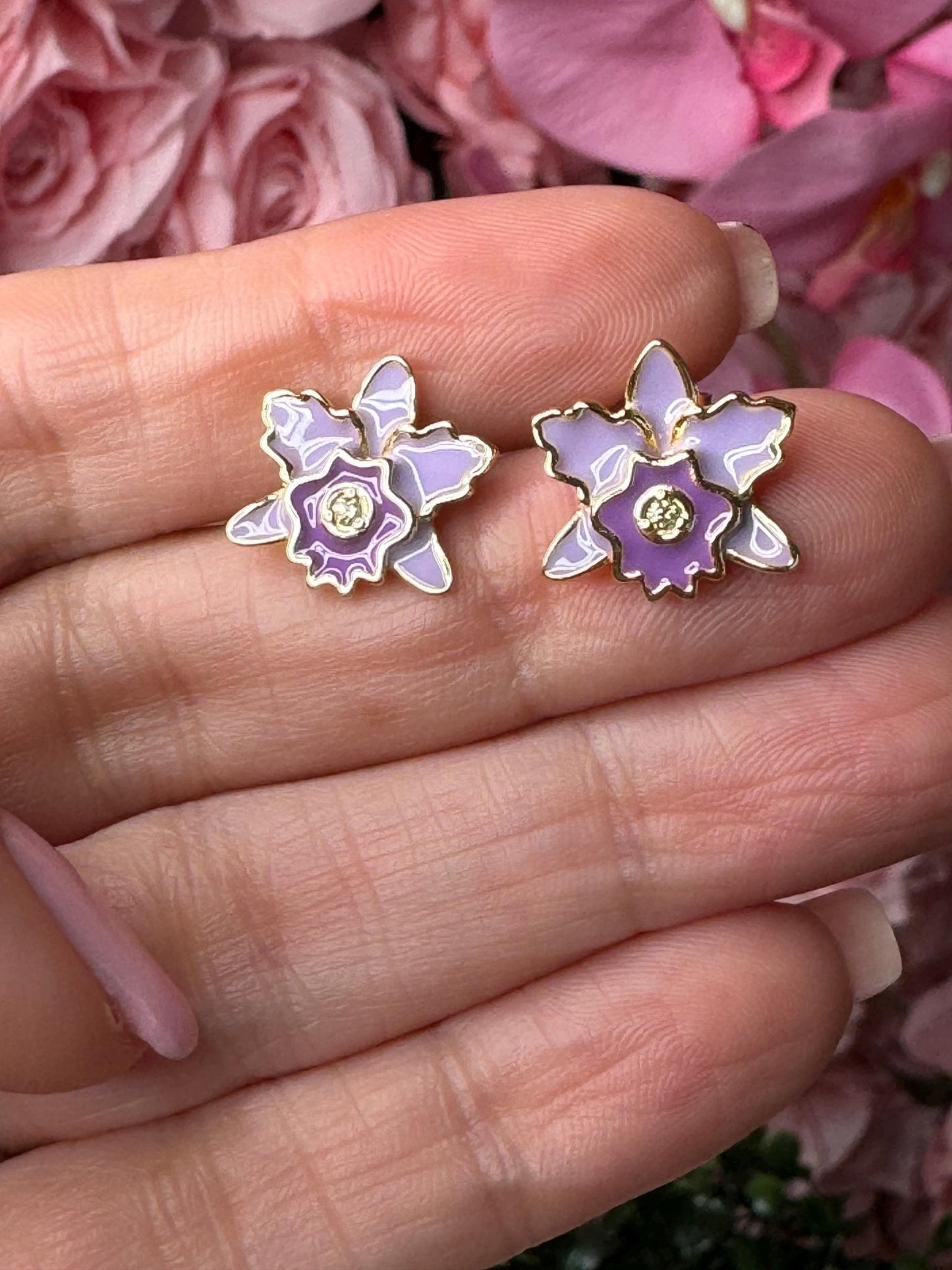 Queens : Cattleya Purple Enamel Orchid Studs • Gold Orchid Earrings • Unique Orchid Jewelry - Orchidique