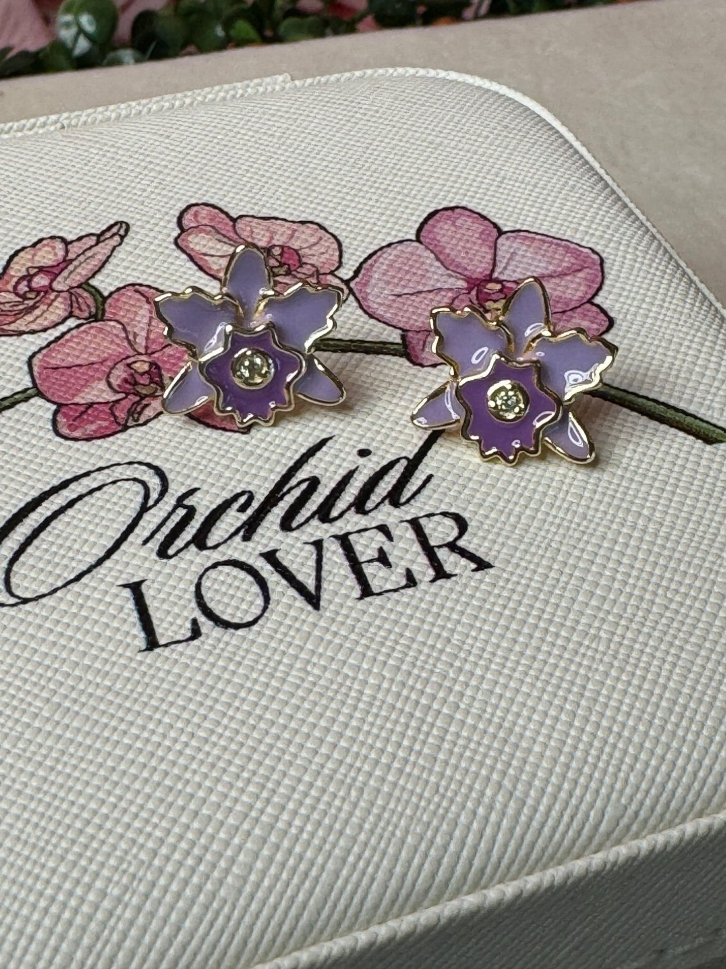 Queens : Cattleya Purple Enamel Orchid Studs • Gold Orchid Earrings • Unique Orchid Jewelry - Orchidique