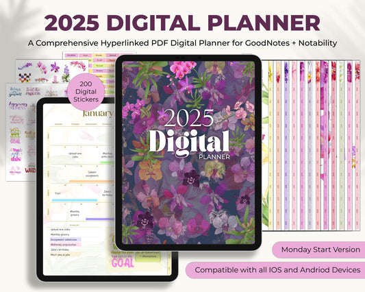 Orchids Digital 2025 Planner, Vision Board, Monthly, Annual, Weekly, Printable Digital Planner, Monthly Reflections on Progress, Journal