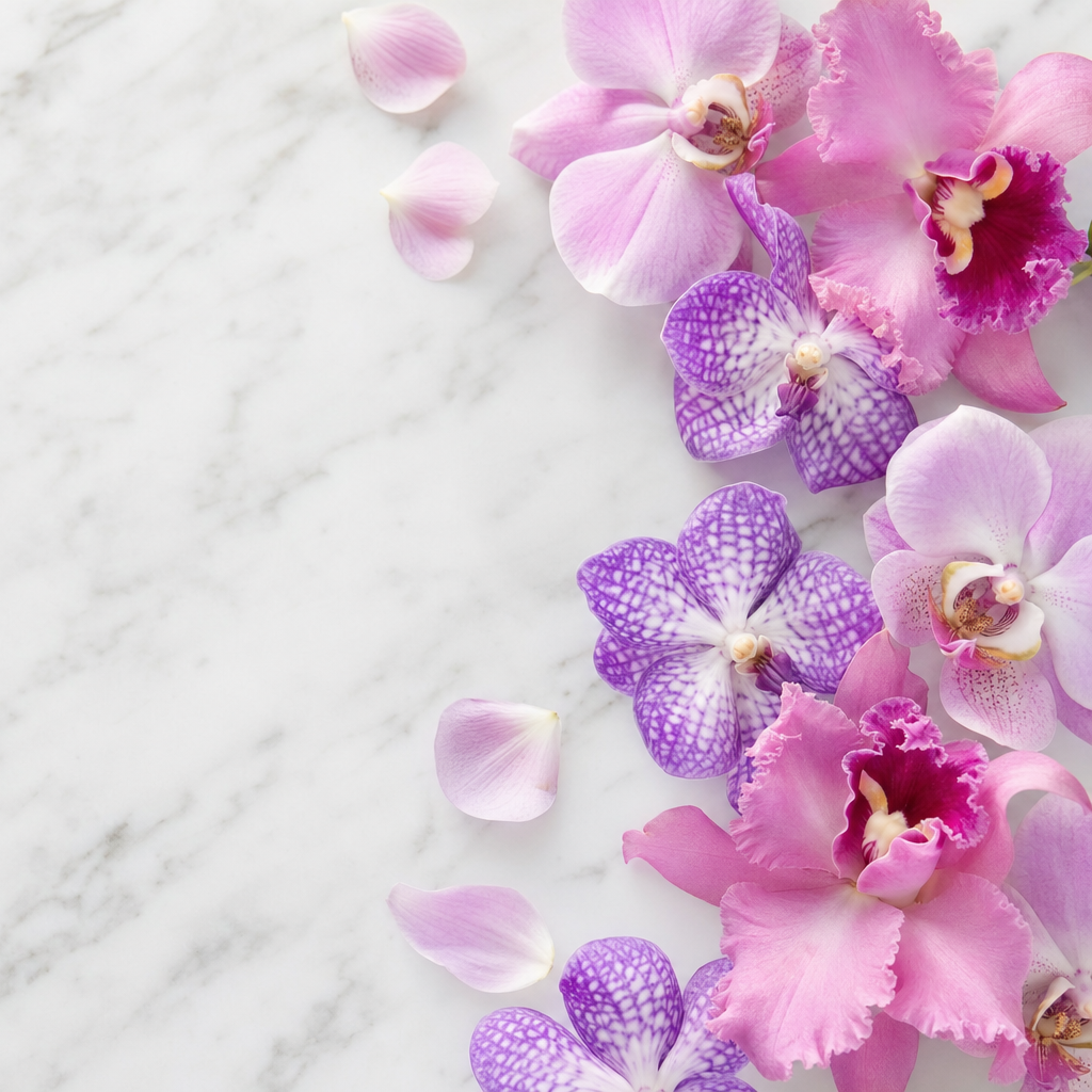 Best Sellers — pink Cattleya, purple Vanda, and lavender Phalaenopsis orchid blooms on white marble