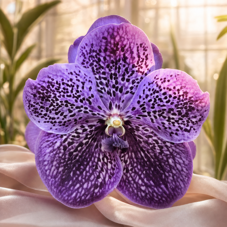 Deep purple tessellated Vanda orchid from Marly's greenhouse — inspiration for Orchidique's handcrafted Vanda orchid jewelry in 925 sterling silver and 14K gold plating