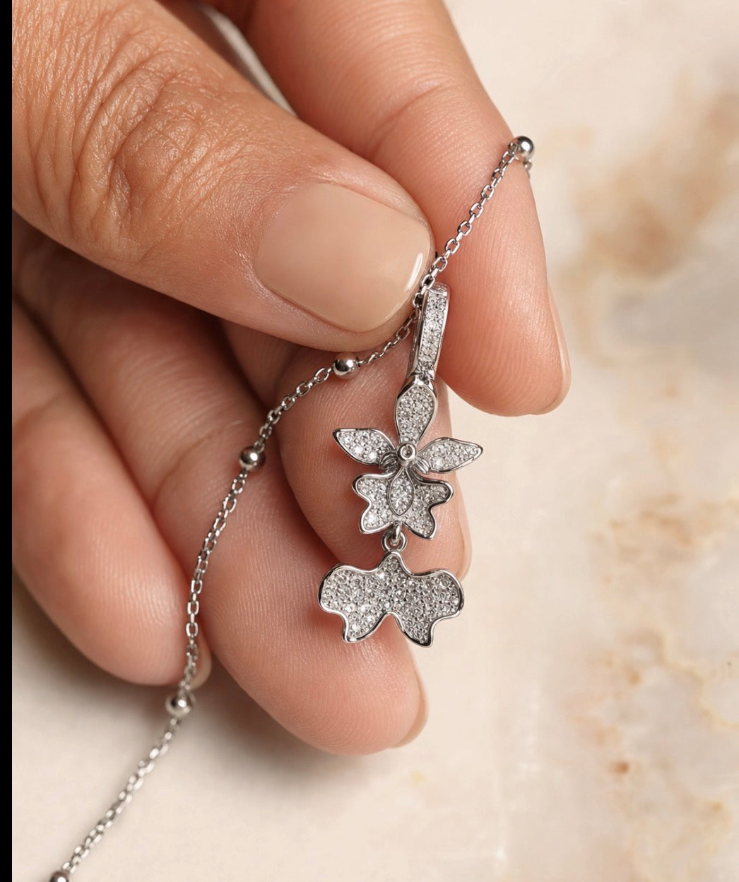 Tolumnia dancing lady orchid necklace with beaded adjustable chain