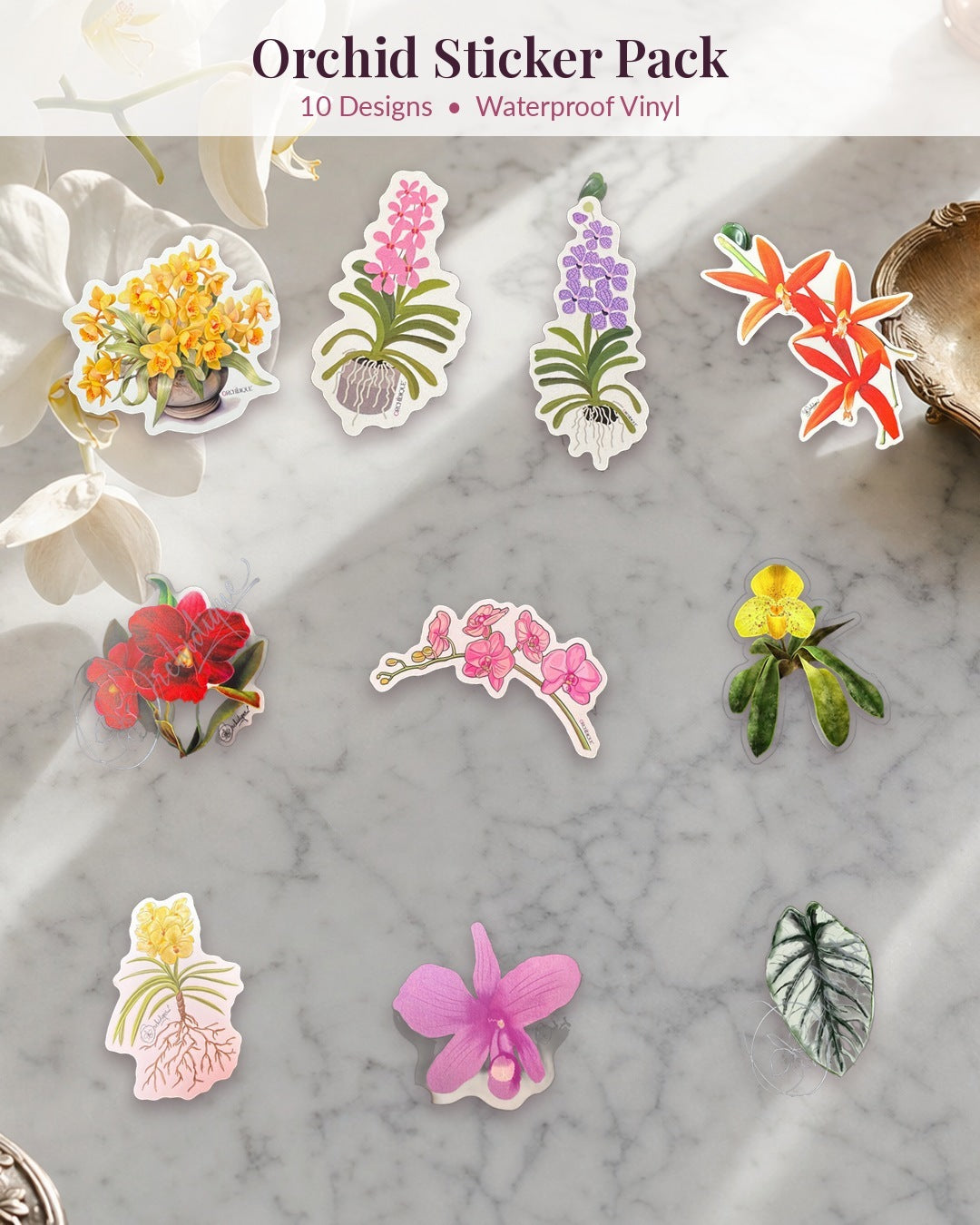 Orchid sticker pack of 10 waterproof vinyl decals, all 10 designs on white marble