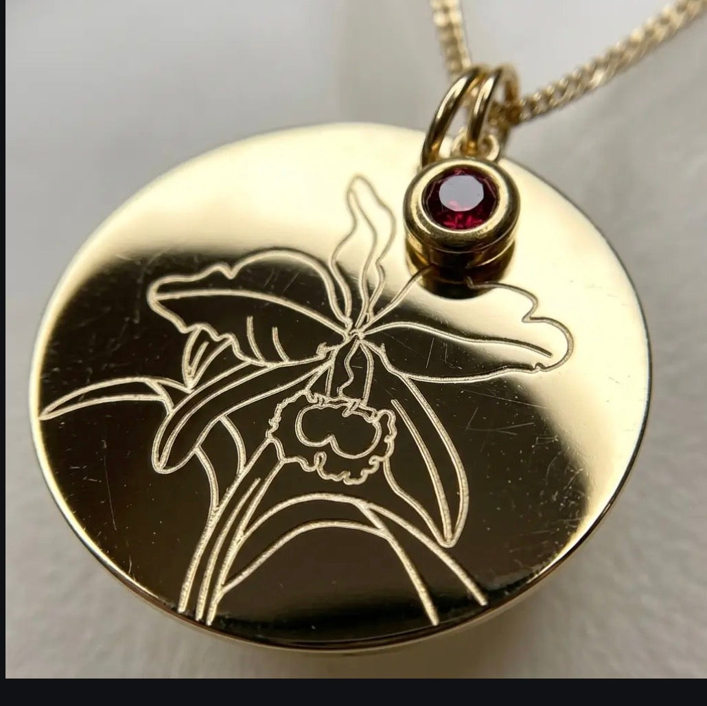 The Birthstone Cattleya Collection: Cattleya Disc Orchid Pendant Necklace