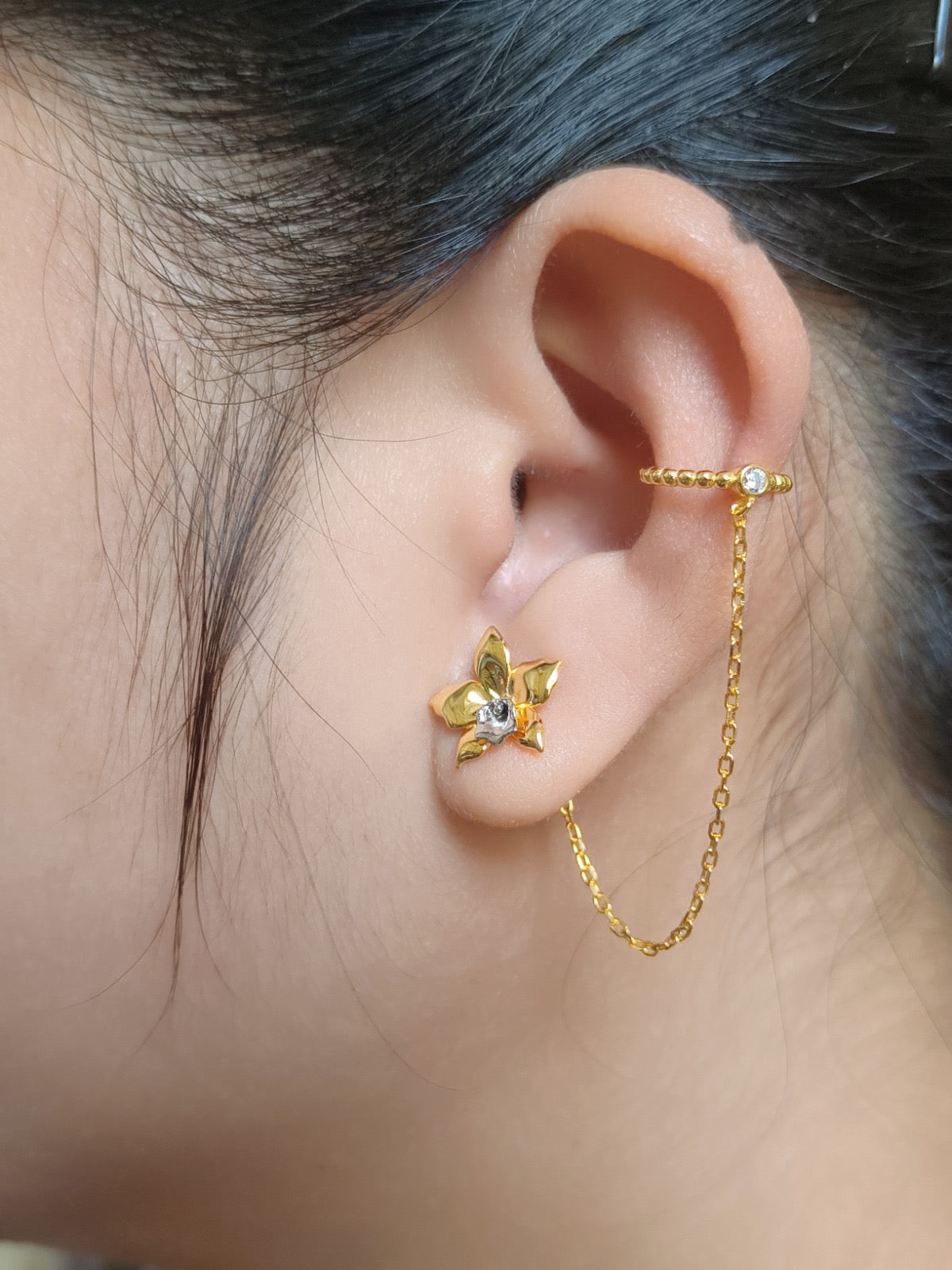 Aloha Aerial Cuff Collection • Orchid Chain Stud • Rhodium Tarnish-Free Orchid Jewelry
