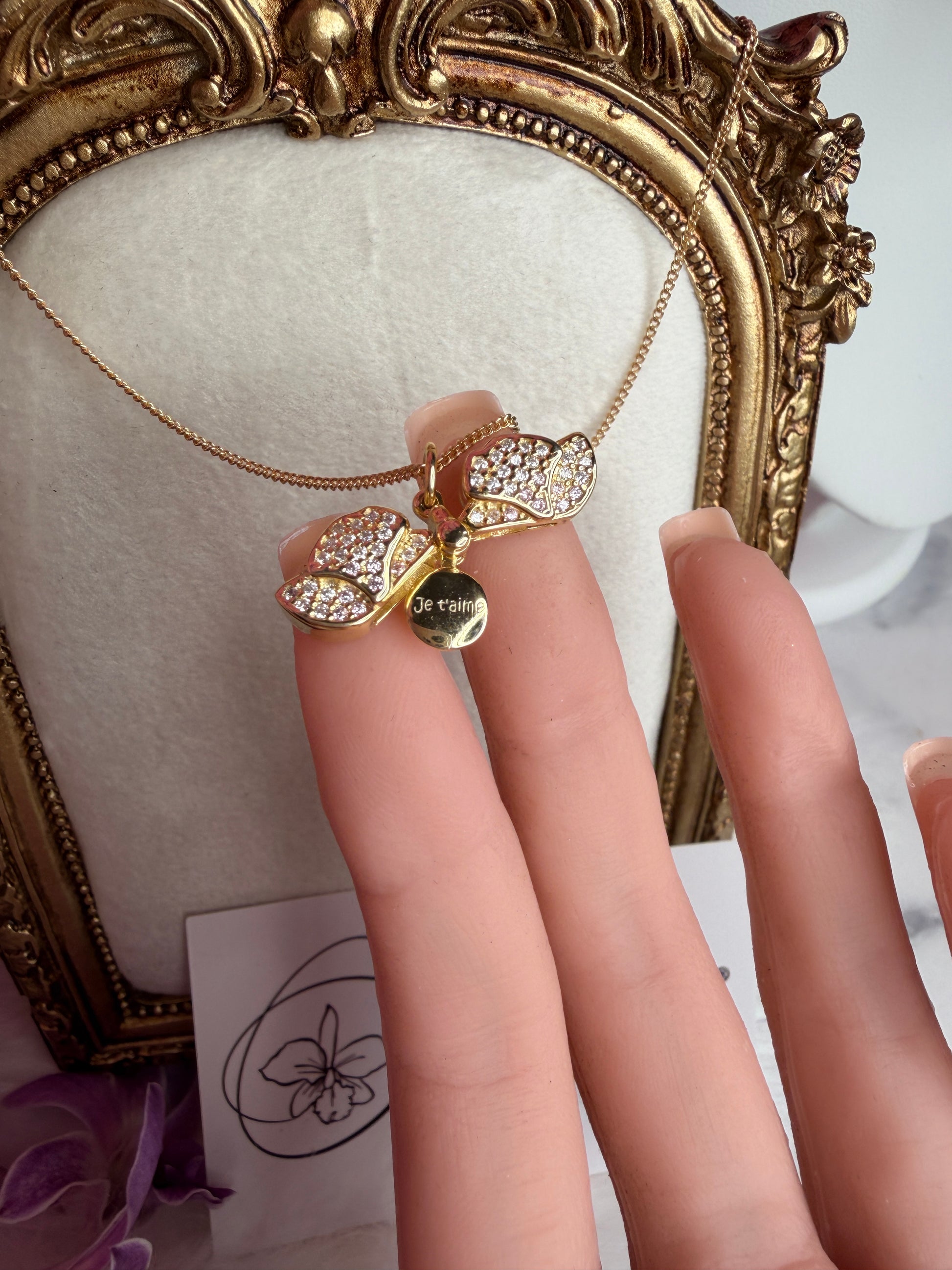 The Locket Collection: Dendrobium Gold 14k Orchid Locket Pendant Necklace –"I Love You," "Te Amo," or "Je T'aime" - Orchidique