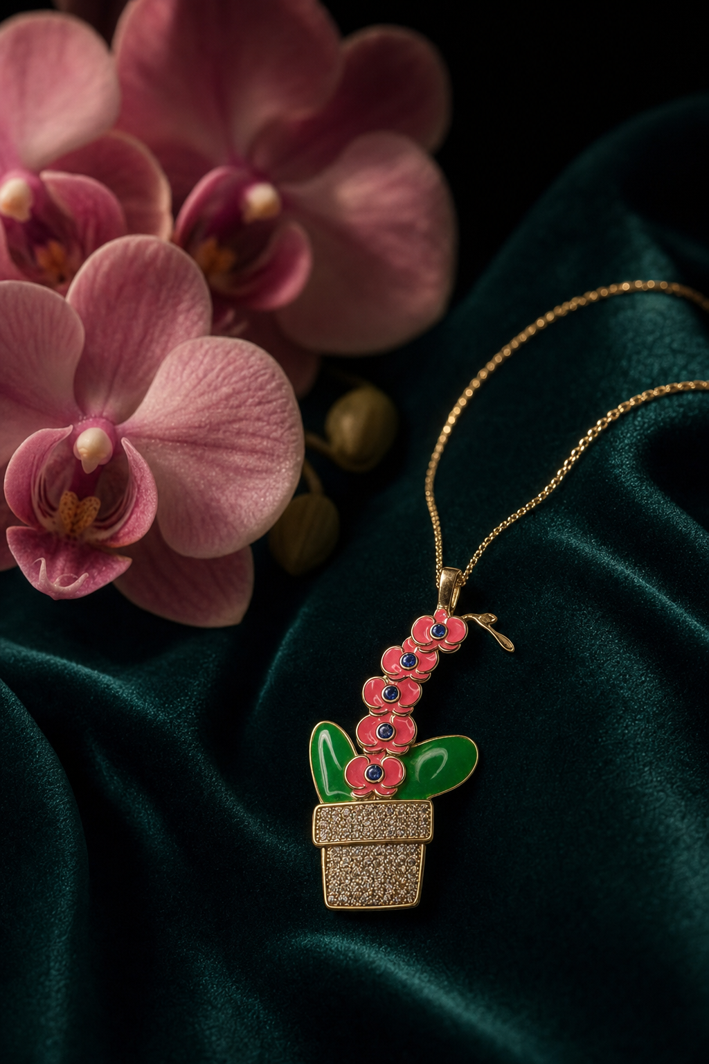 Pink Phalaenopsis Orchid Necklace • Potted Plant Pendant • 925 Silver • 14K Gold • Potsy Collection - Orchidique