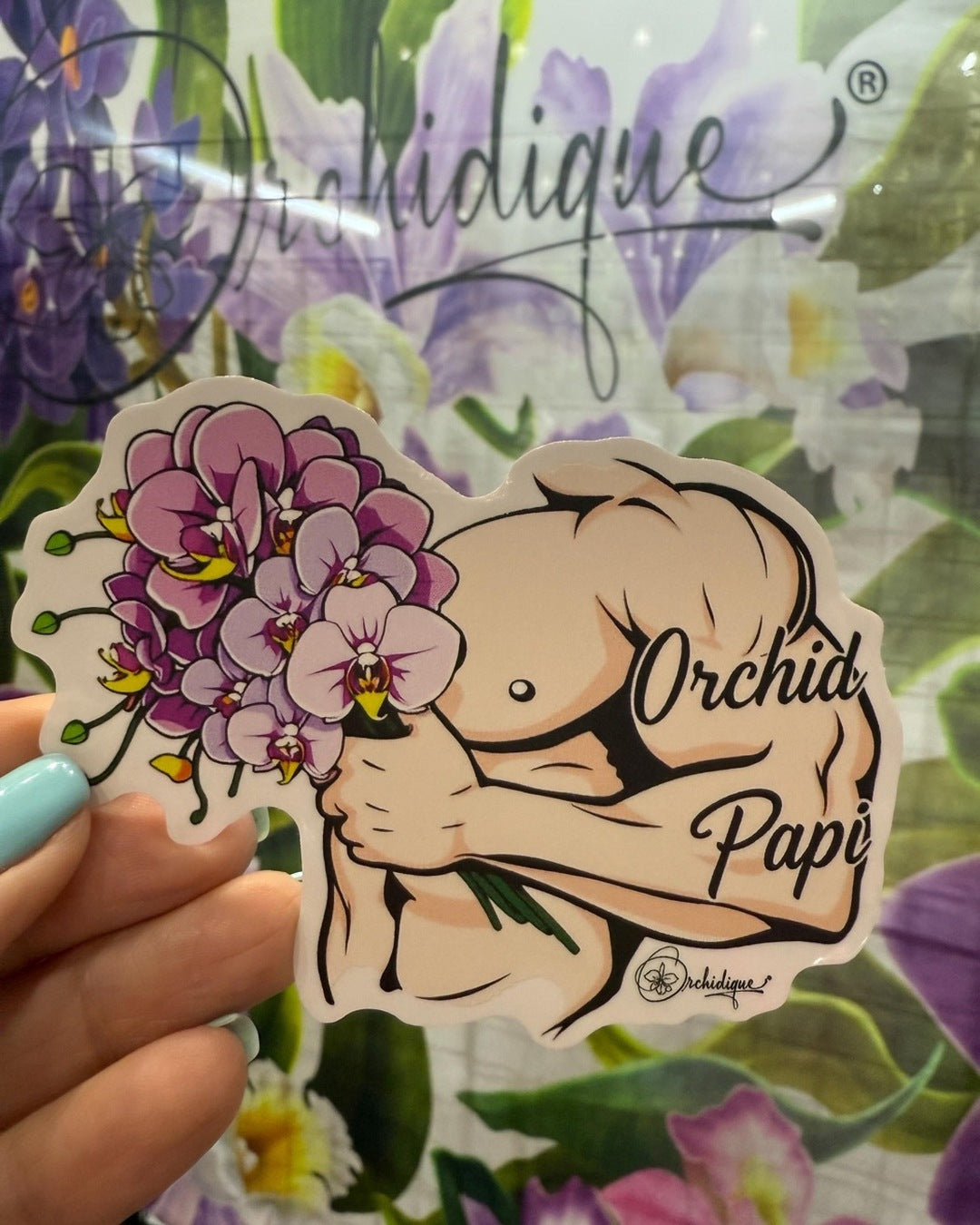 Orchid Papi Muscle Man sticker, waterproof vinyl decal, staged photo