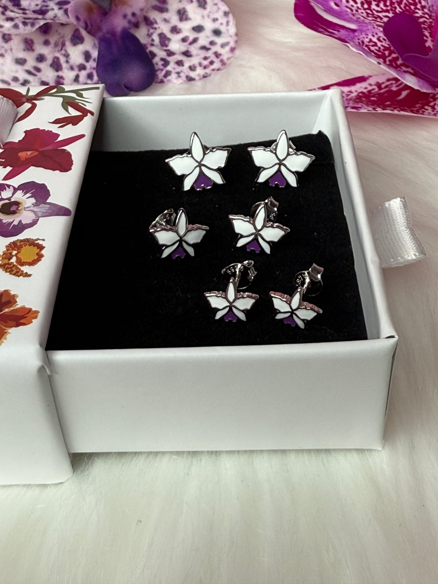 Signature White Gold Cattleya Studs: The Orchid with a Purple Heart Labellum
