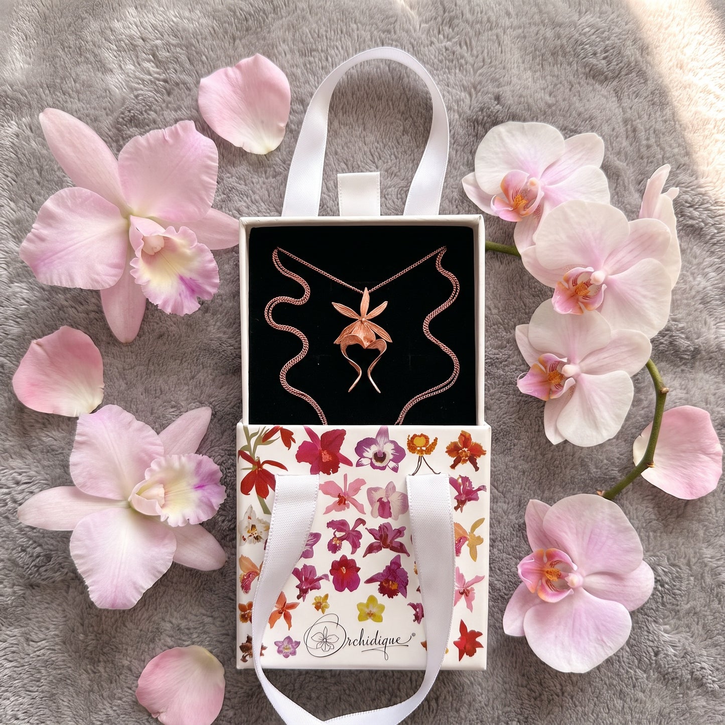 Ghost Orchid Rose Gold Pendant Necklace Brand Story Card - Orchidique