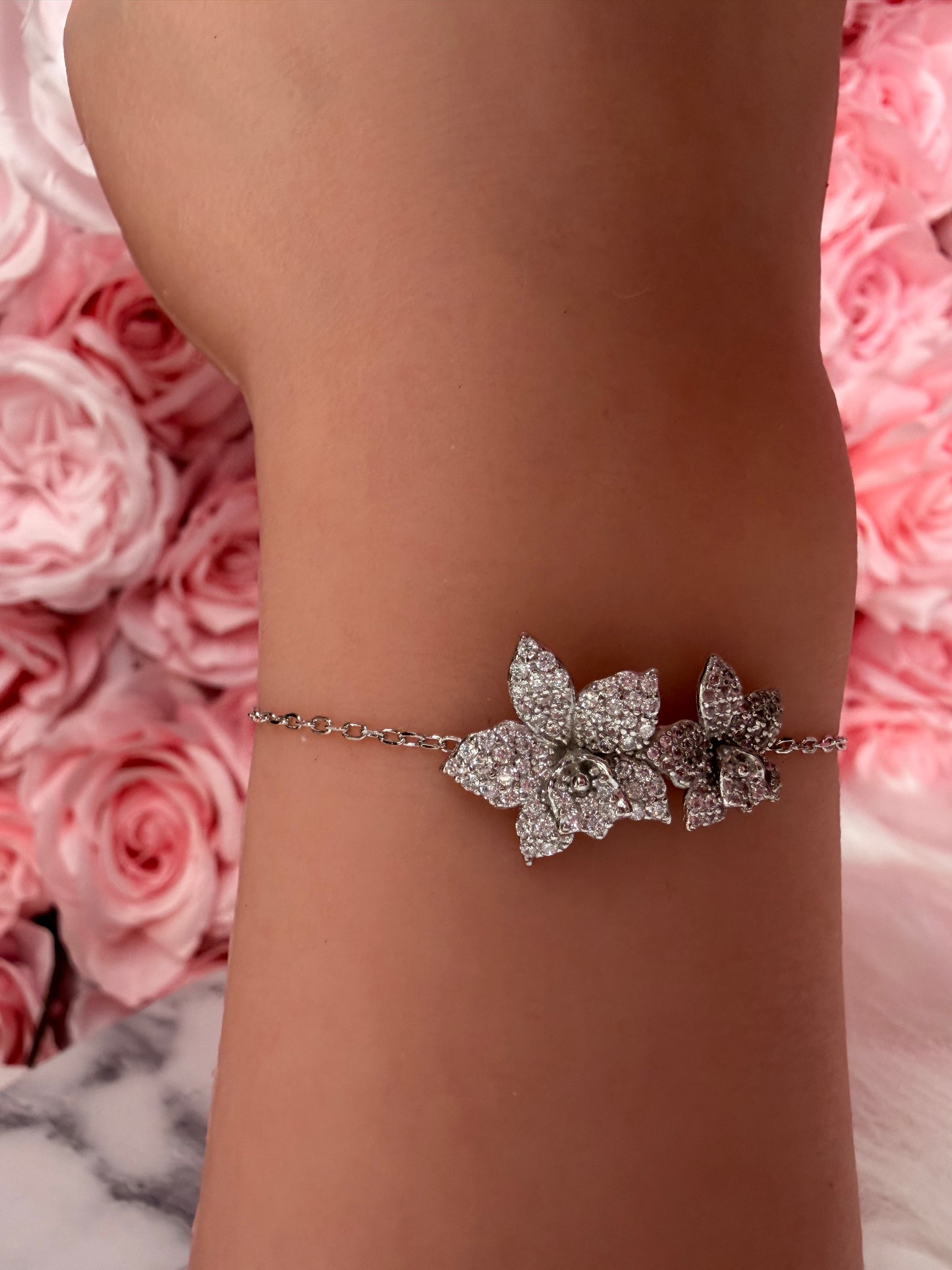 Sterling Silver Orchid Bracelet, 14K White Gold Plated, Shimmering Aloha Cattleya