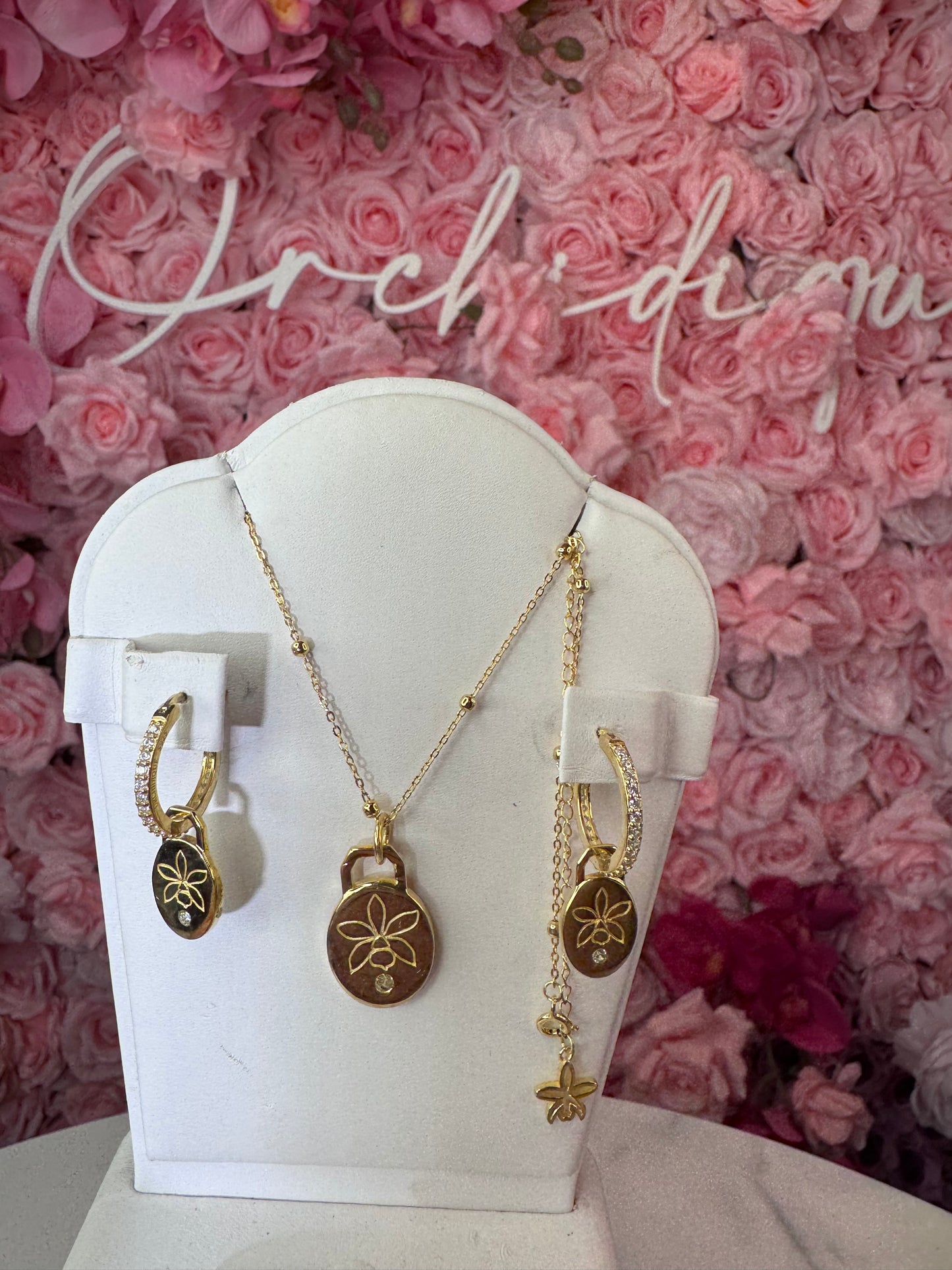 Harmony Gold Collection: Etched 14c Gold Orchid Necklace & Earrings - Orchidique