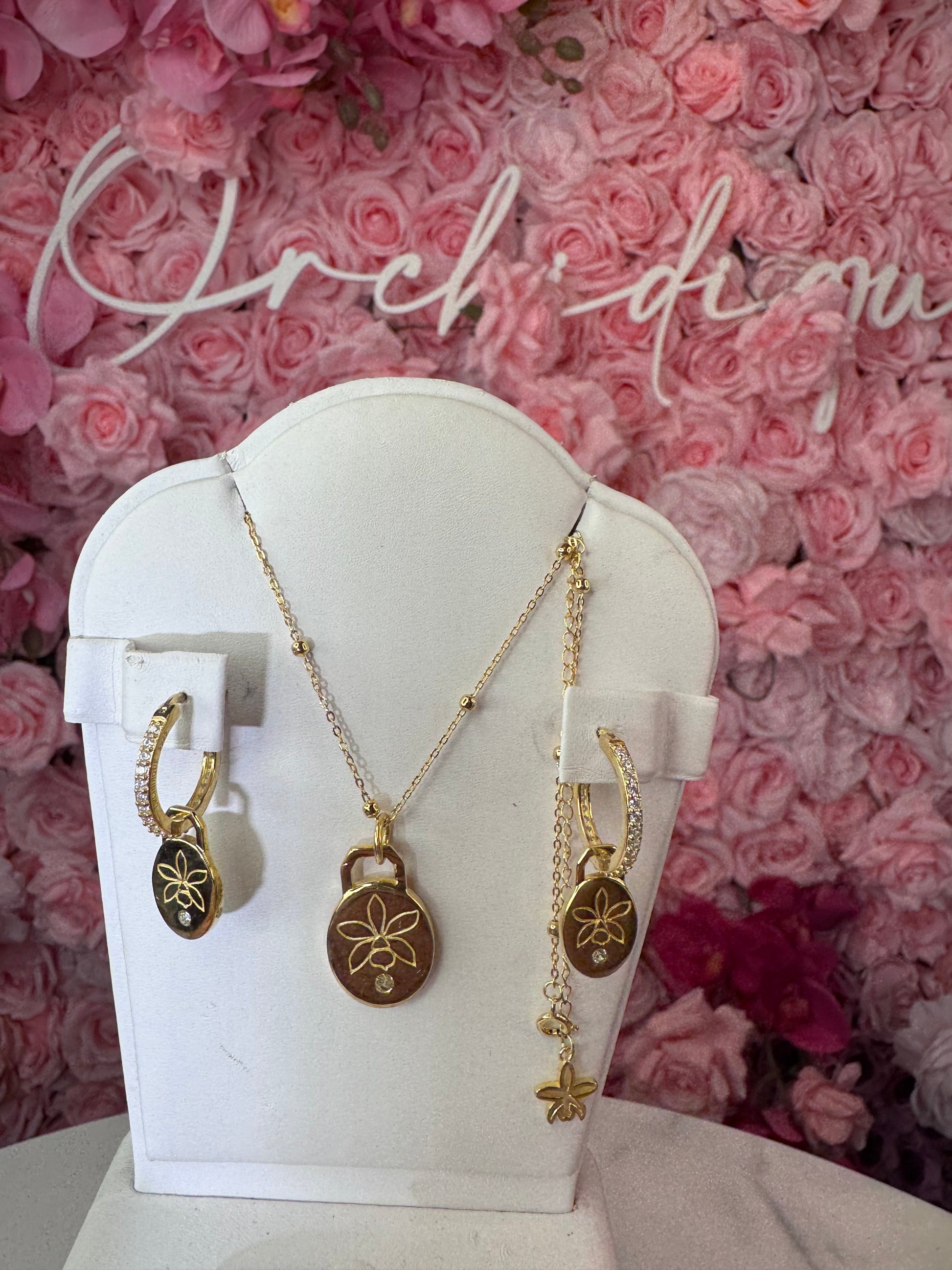 Harmony Gold Collection: Etched 14c Gold Orchid Necklace & Earrings - Orchidique
