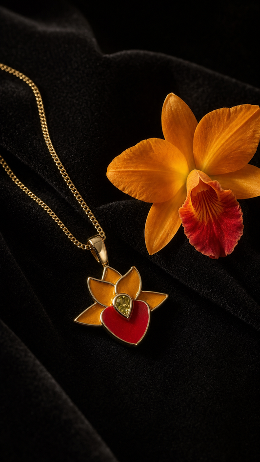 Orange Taiwan Catasetum Orchid Jewelry Set • 925 Silver • 14K Gold • Orange Enamel • Studs & Pendant - Orchidique
