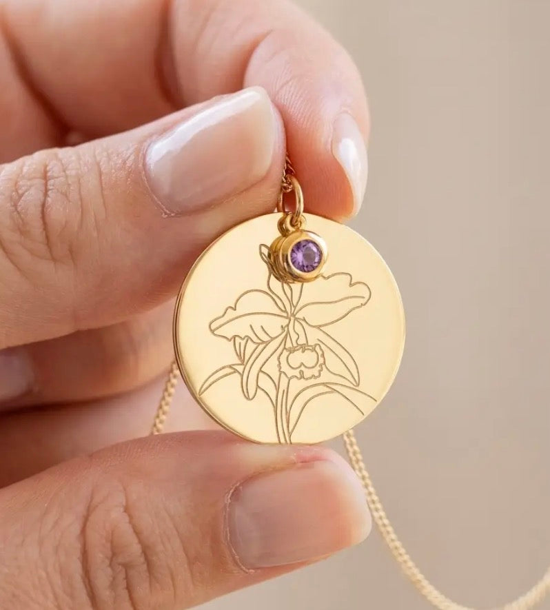 The Birthstone Cattleya Collection: Cattleya Disc Orchid Pendant Necklace