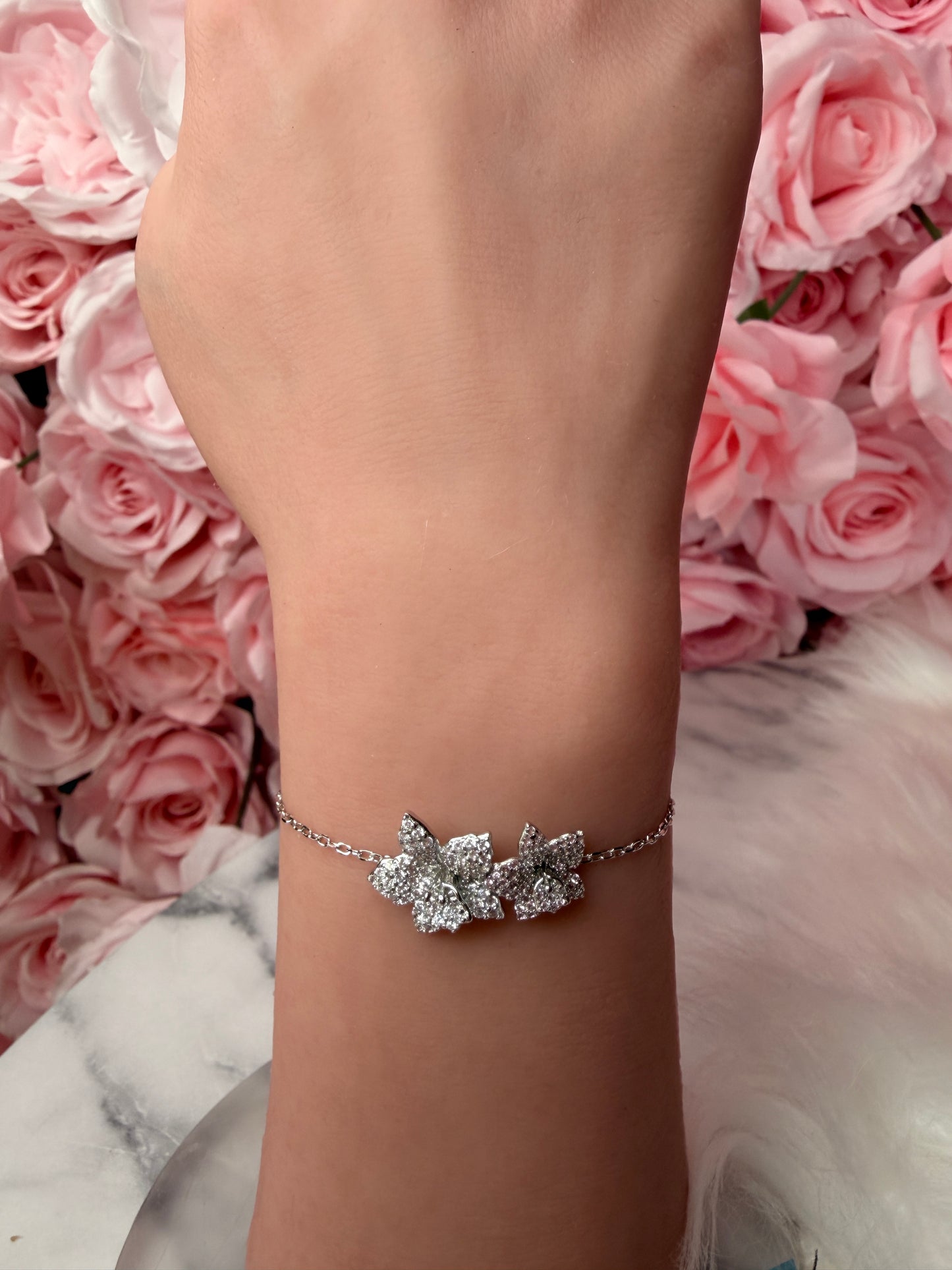 Sterling Silver Orchid Bracelet, 14K White Gold Plated, Shimmering Aloha Cattleya