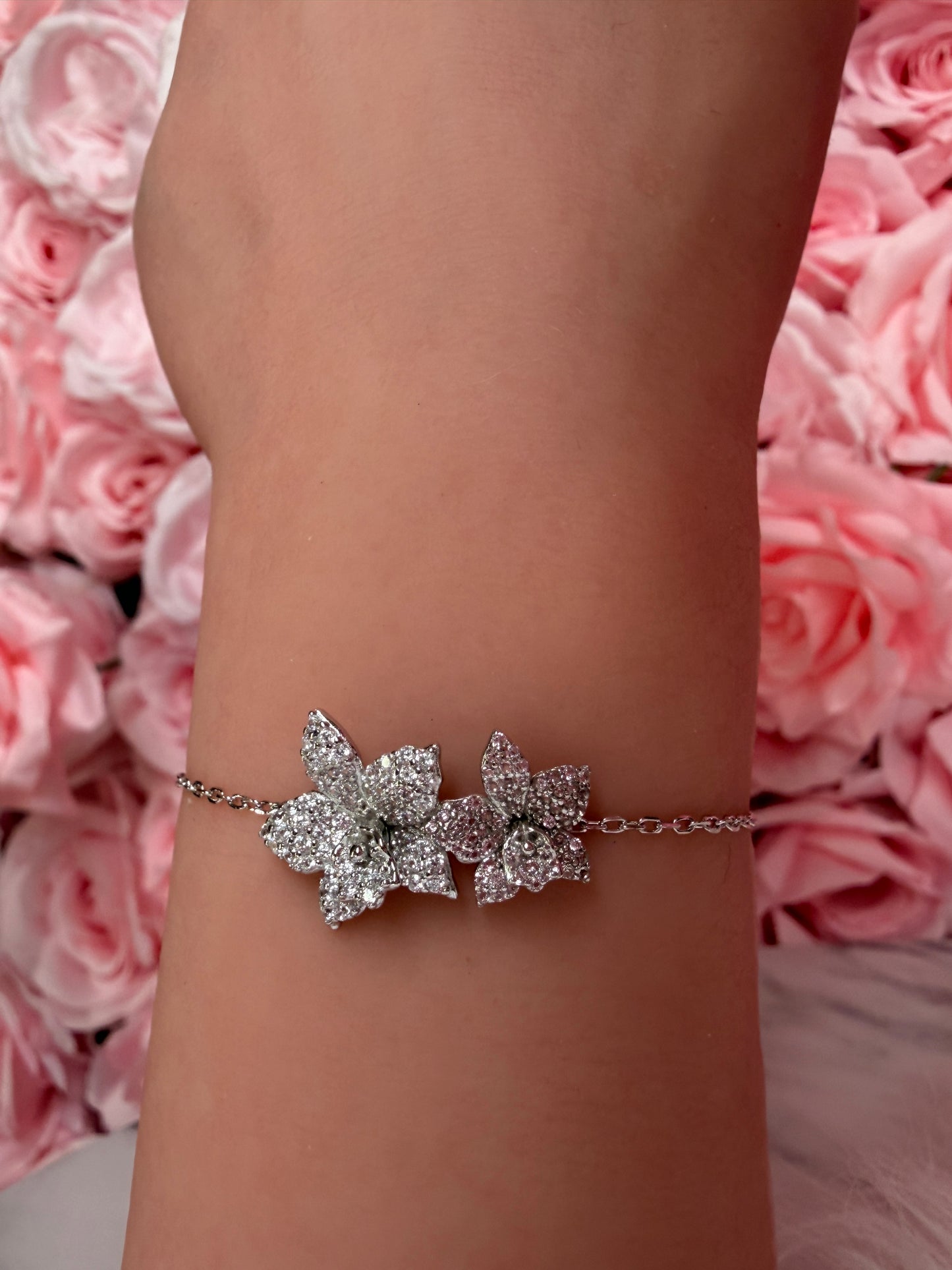 Sterling Silver Orchid Bracelet, 14K White Gold Plated, Shimmering Aloha Cattleya
