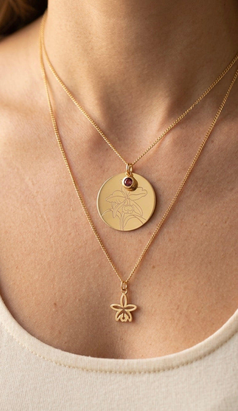 The Birthstone Cattleya Collection: Cattleya Disc Orchid Pendant Necklace