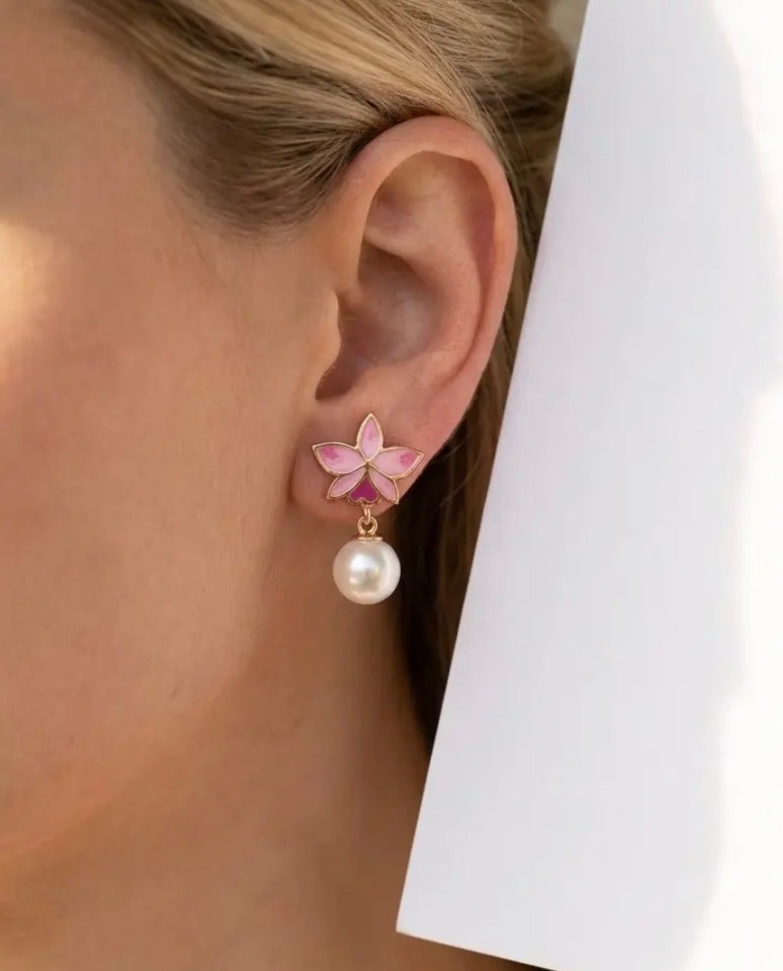 Signature Orchid Stud Earrings • Cattleya Trianae • Pink Pearl Jacket • Rose Gold - Orchidique