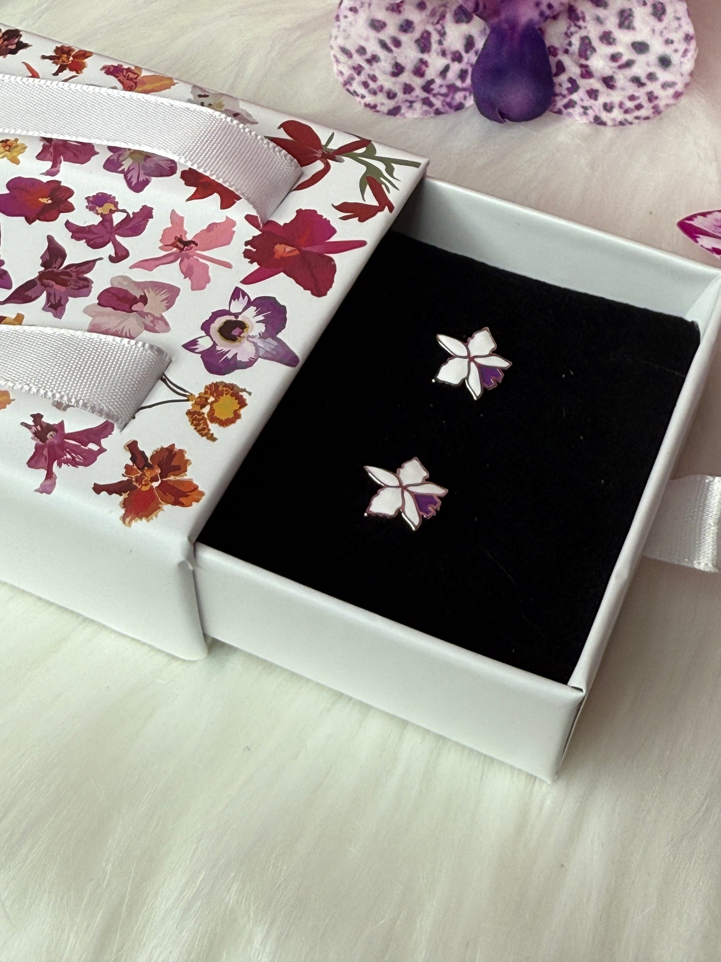 Signature White Gold Cattleya Studs: The Orchid with a Purple Heart Labellum