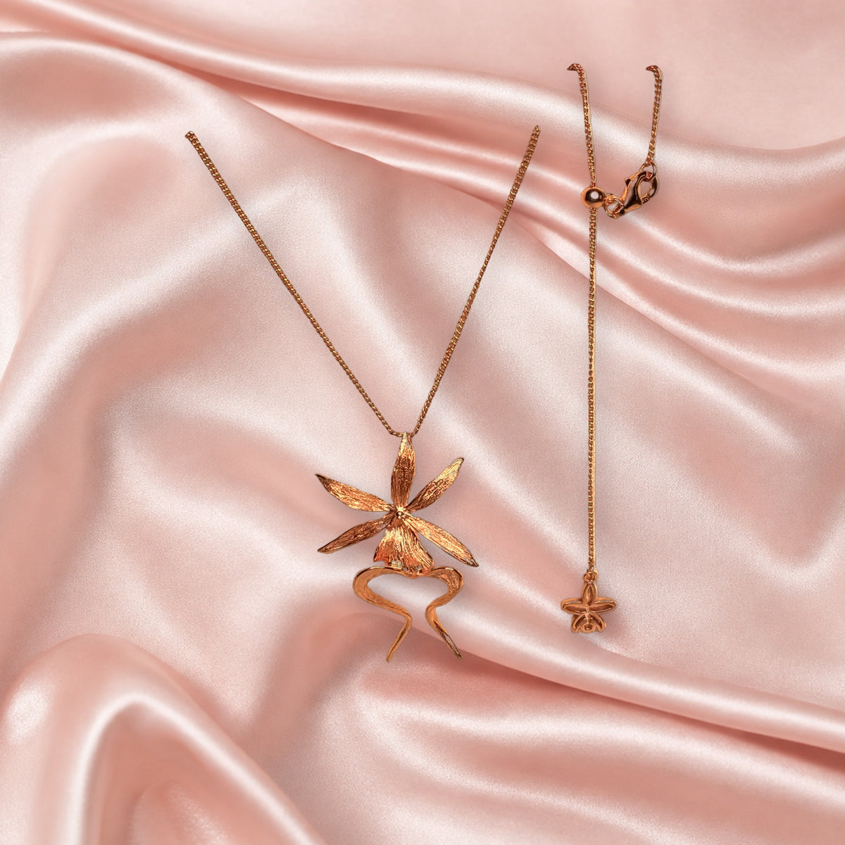 Ghost Orchid Rose Gold Pendant Necklace on White Marble - Orchidique