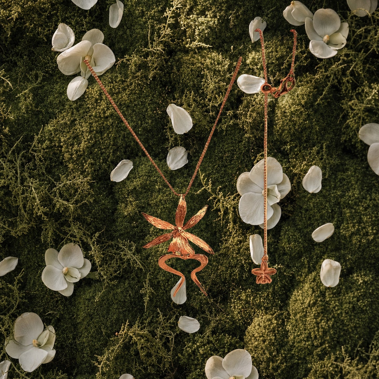 Ghost Orchid Rose Gold Pendant Necklace Gift Box with Orchid Blooms - Orchidique