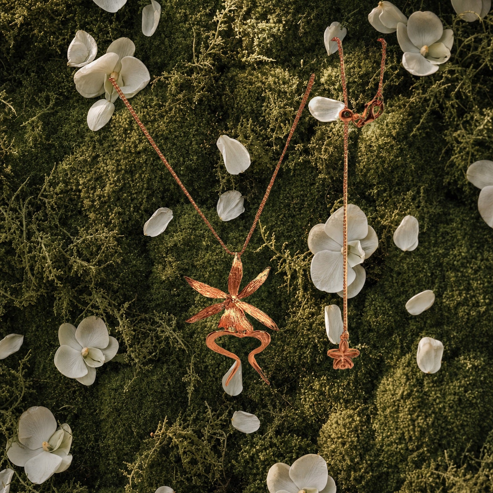 Ghost Orchid Rose Gold Pendant Necklace Gift Box with Orchid Blooms - Orchidique
