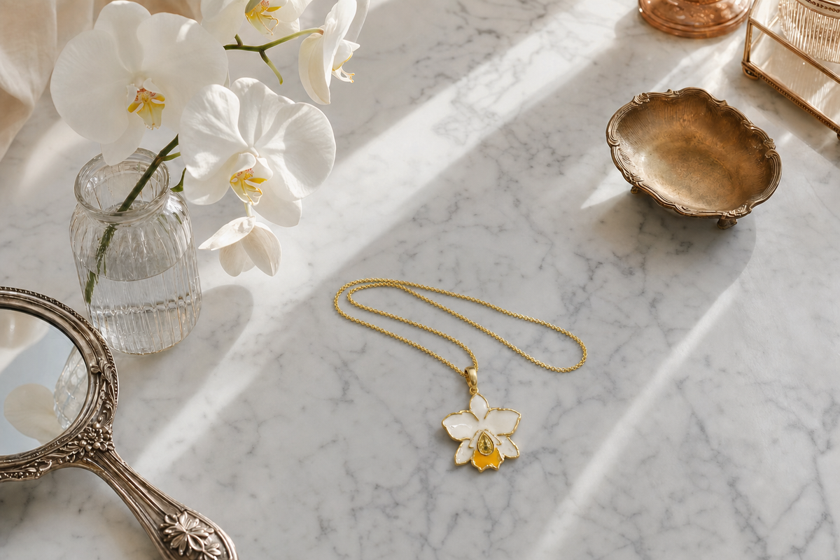 Hawaiian BLC Orchid Necklace & Earring Set • Gold White Enamel - Orchidique
