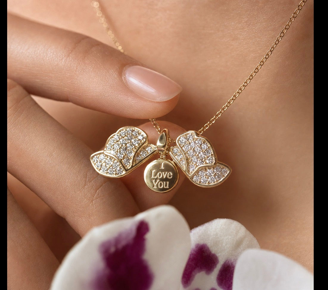 14K Gold Dendrobium orchid locket necklace with pave crystal petals and secret message engraving