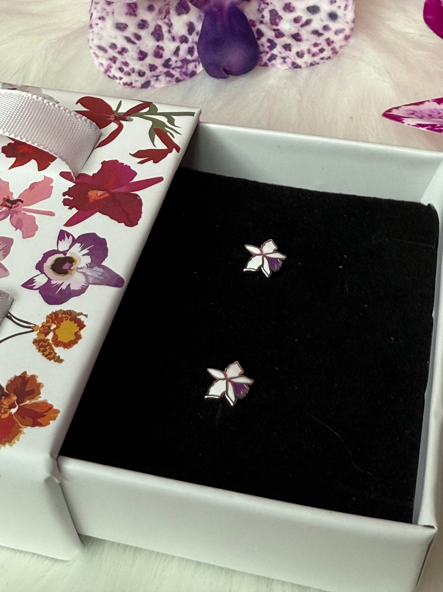 Signature White Gold Cattleya Studs: The Orchid with a Purple Heart Labellum