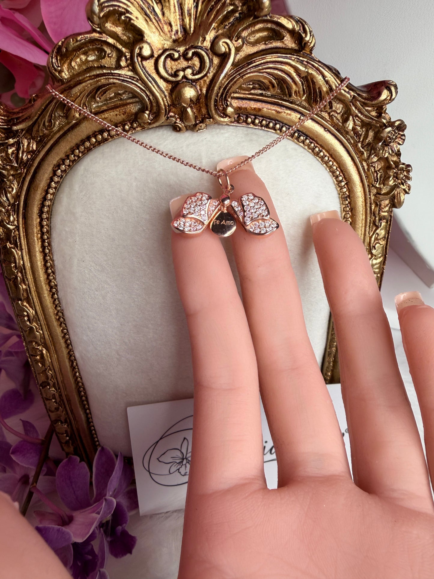 The Locket Collection: Dendrobium Orchid Locket Pendant Necklace –"I Love You," "Te Amo," or "Je T'aime"– Rose Gold - Orchidique